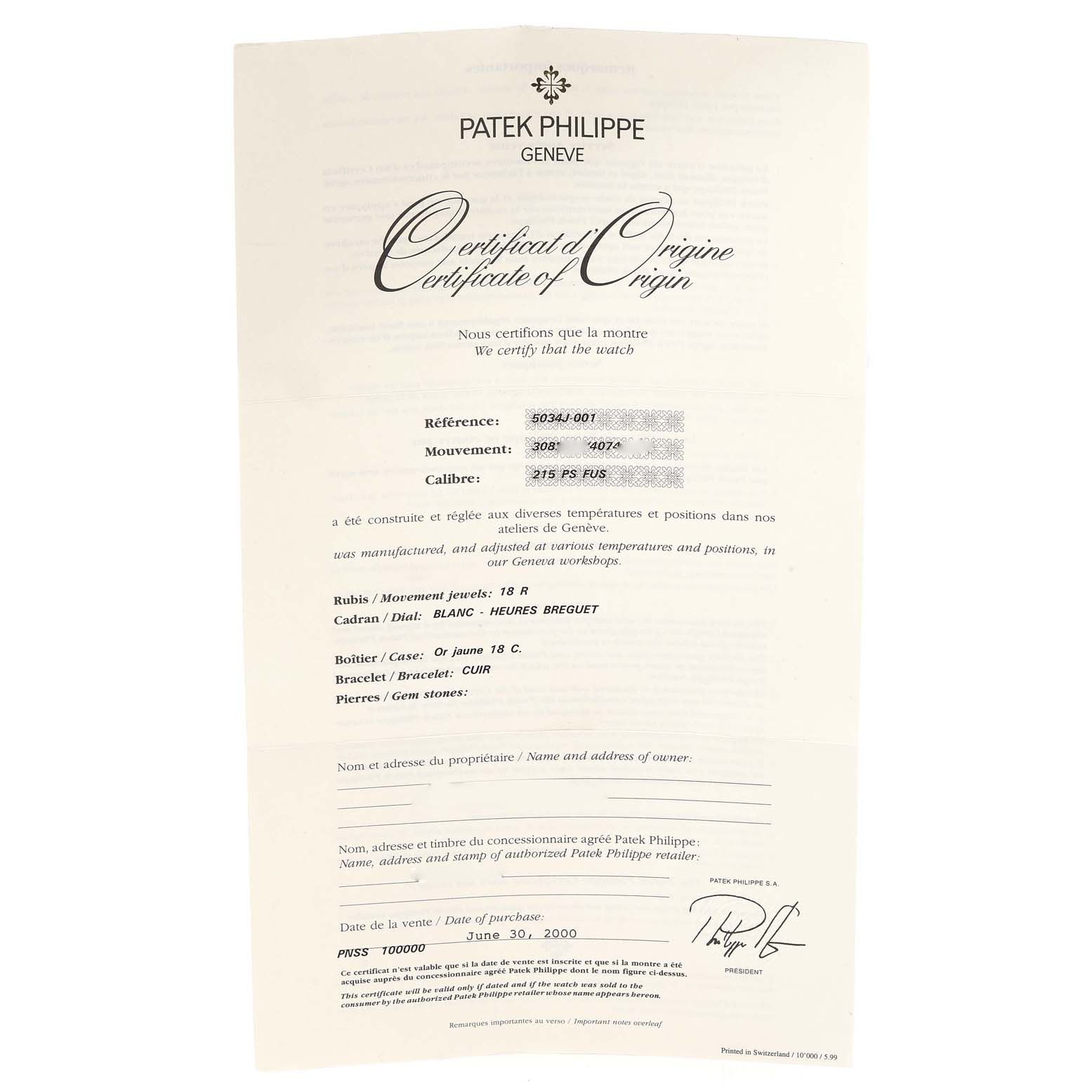 The image displays the Certificate of Origin for a Patek Philippe Calatrava 5034J Men's Yellow Gold White Dial 5034J Men's Yellow Gold White Dial watch, including detailed specifications like reference, movement, and caliber.