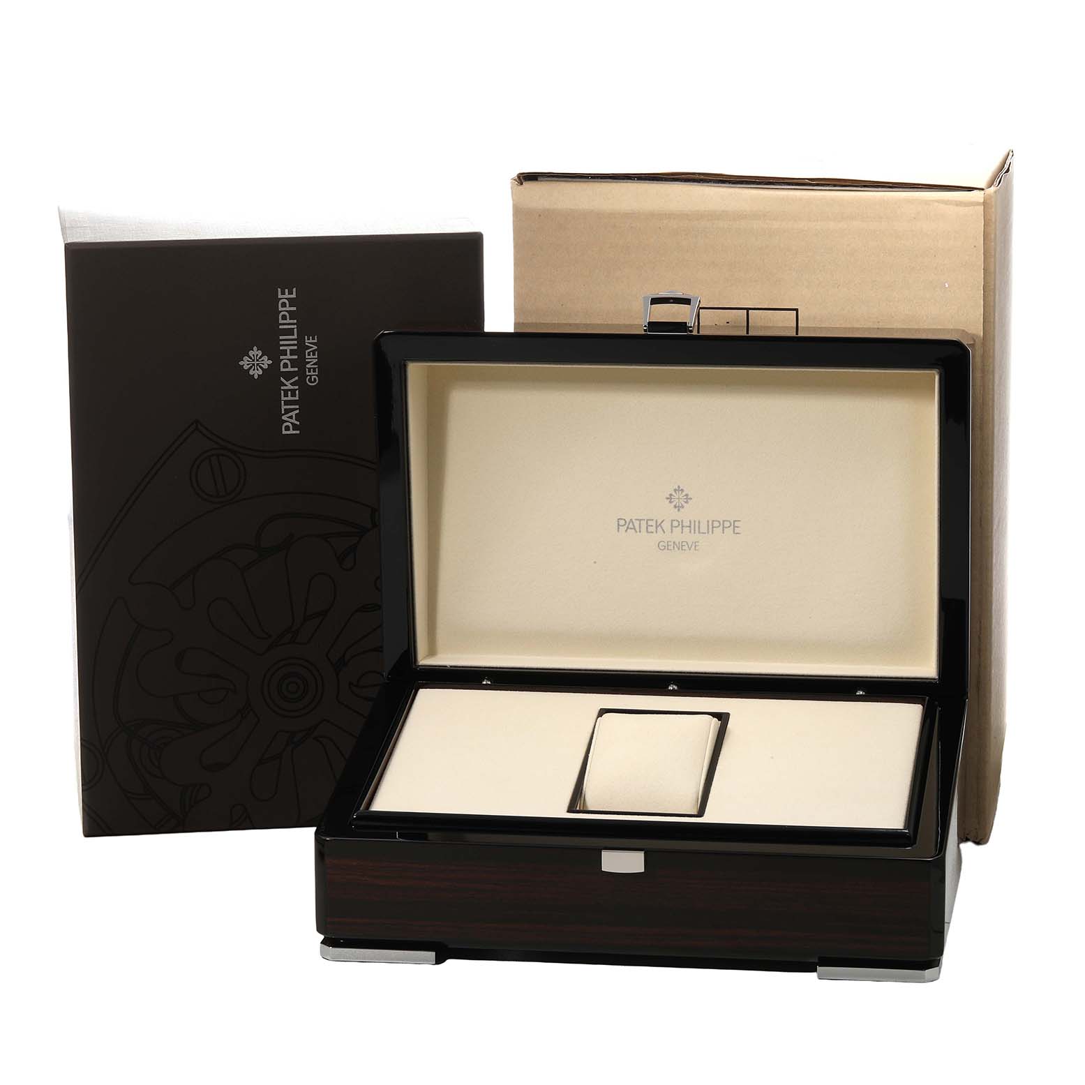 The image shows a Patek Philippe Calatrava 4959G Women's White Gold Silver Dial watch box and packaging, including an open display case and outer box.