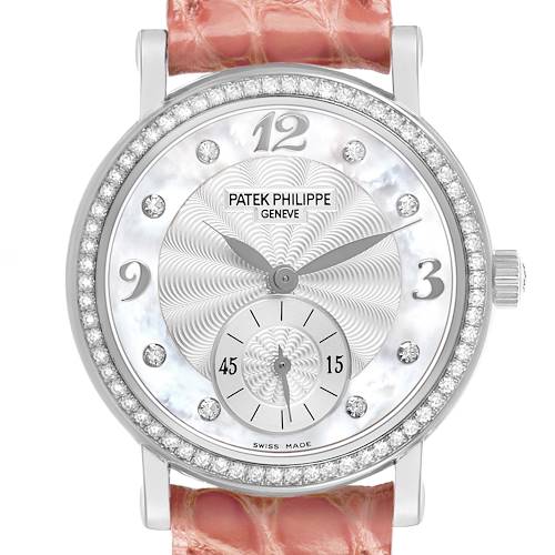 The image shows a front view of the Patek Philippe Calatrava 4959G Women's White Gold Silver Dial watch, highlighting the dial, bezel, and strap.