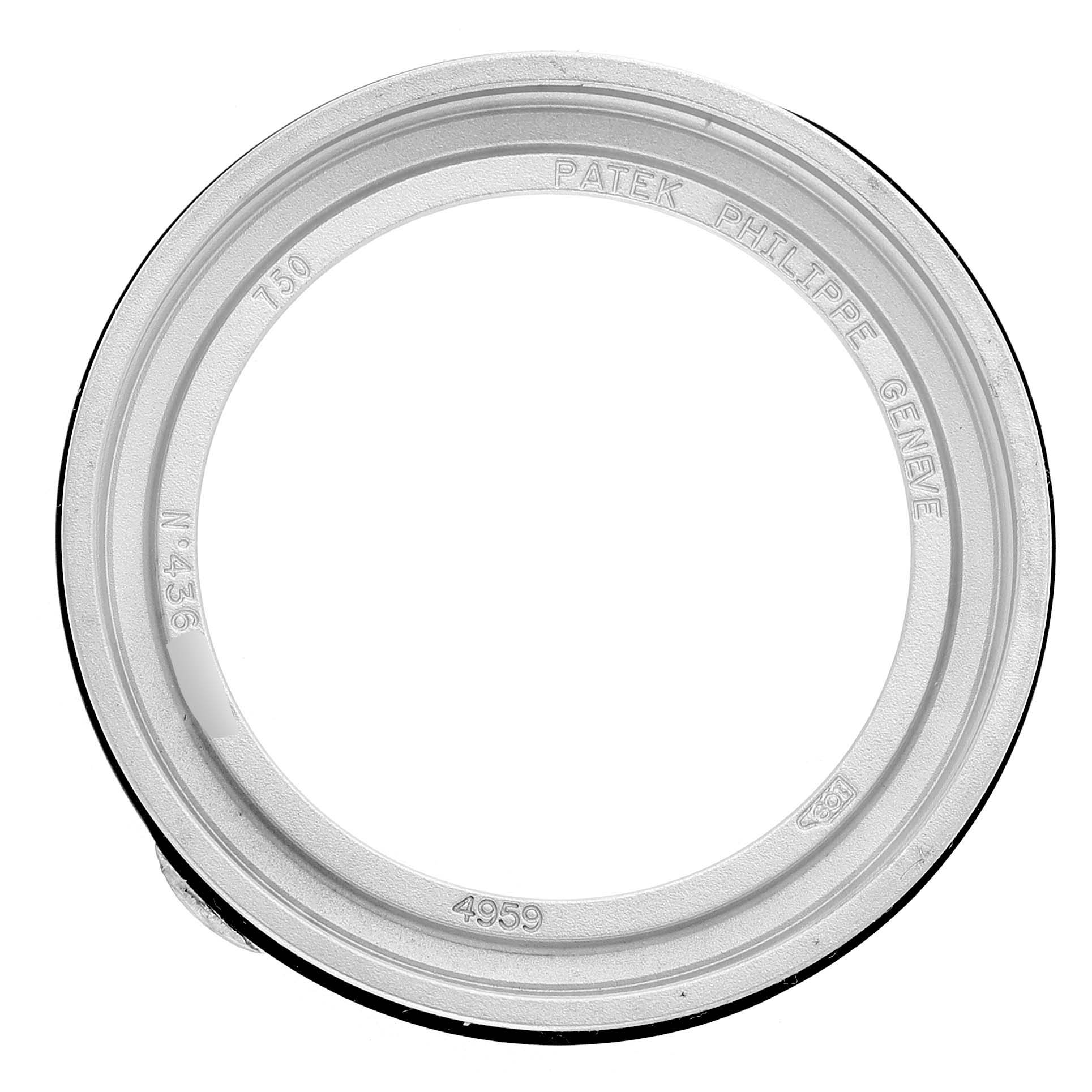 The image shows a top-down view of a watch bezel for the Patek Philippe Calatrava 4959G Women's White Gold Silver Dial model.