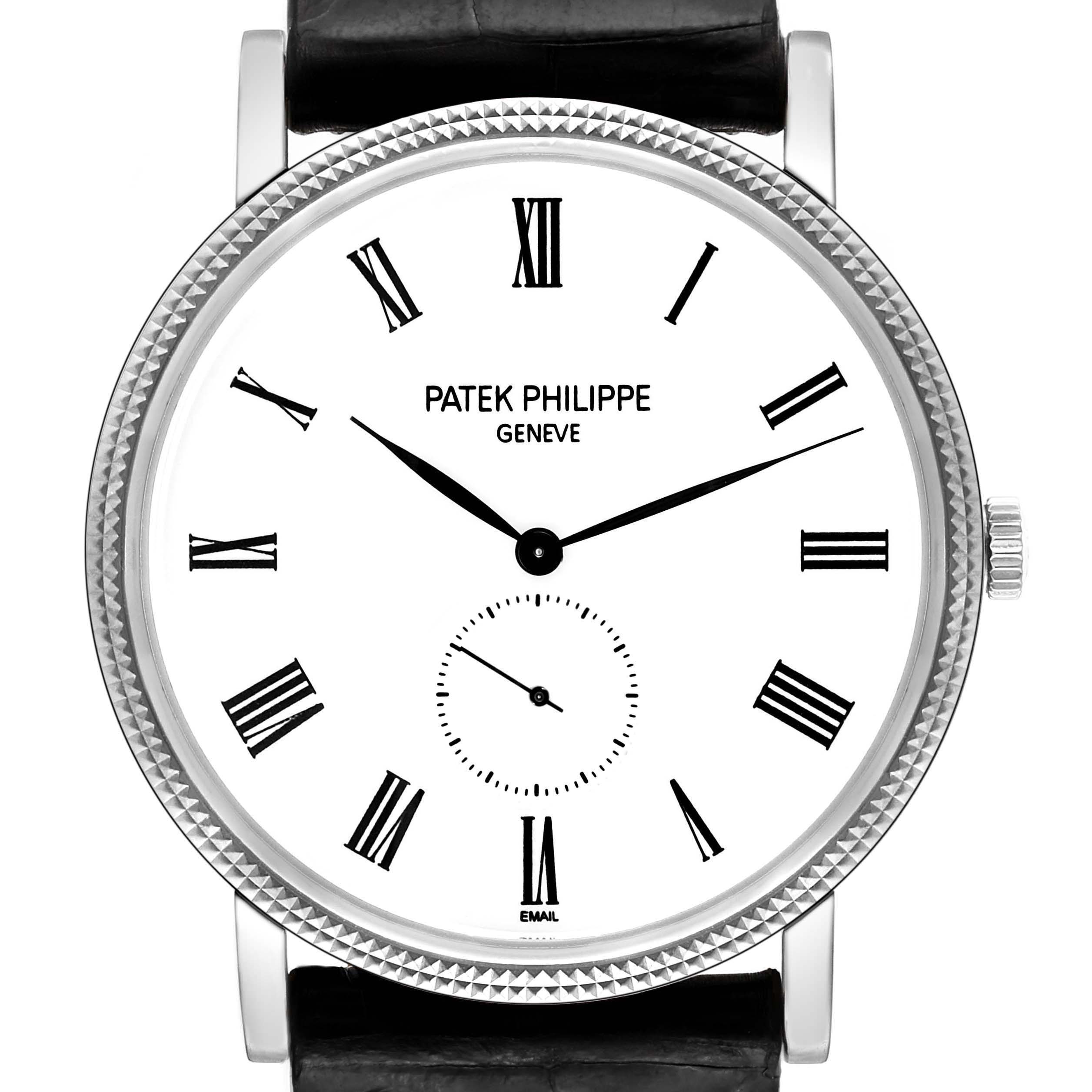This image shows a frontal view of the Patek Philippe Calatrava 5116G Men
s White Gold White Dial 5116G Men
s White Gold White Dial watch, highlighting its dial, hands, and bezel.