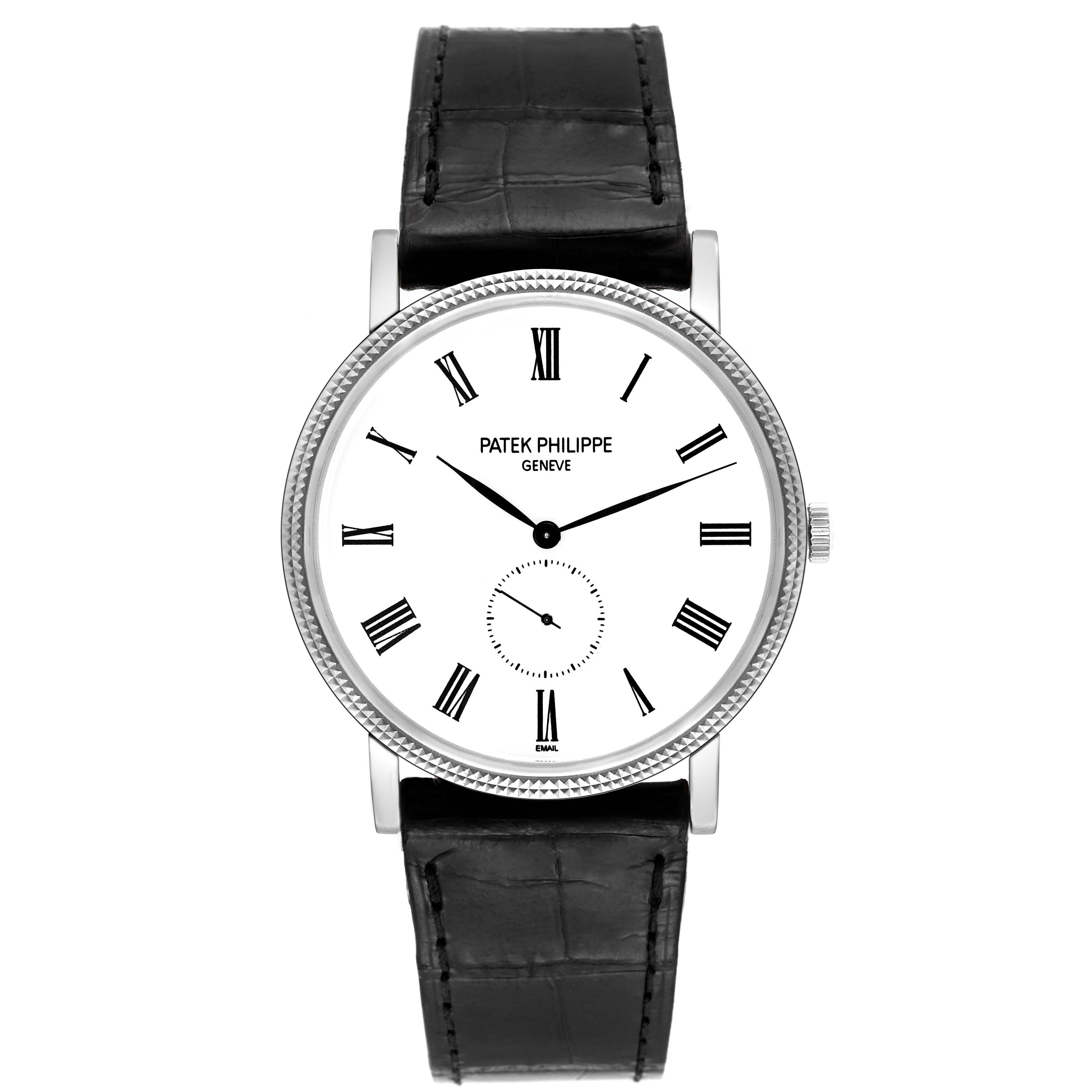 The image shows a front view of a Patek Philippe Calatrava 5116G Men
s White Gold White Dial 5116G Men
s White Gold White Dial watch with a white dial, Roman numerals, and a black leather strap.