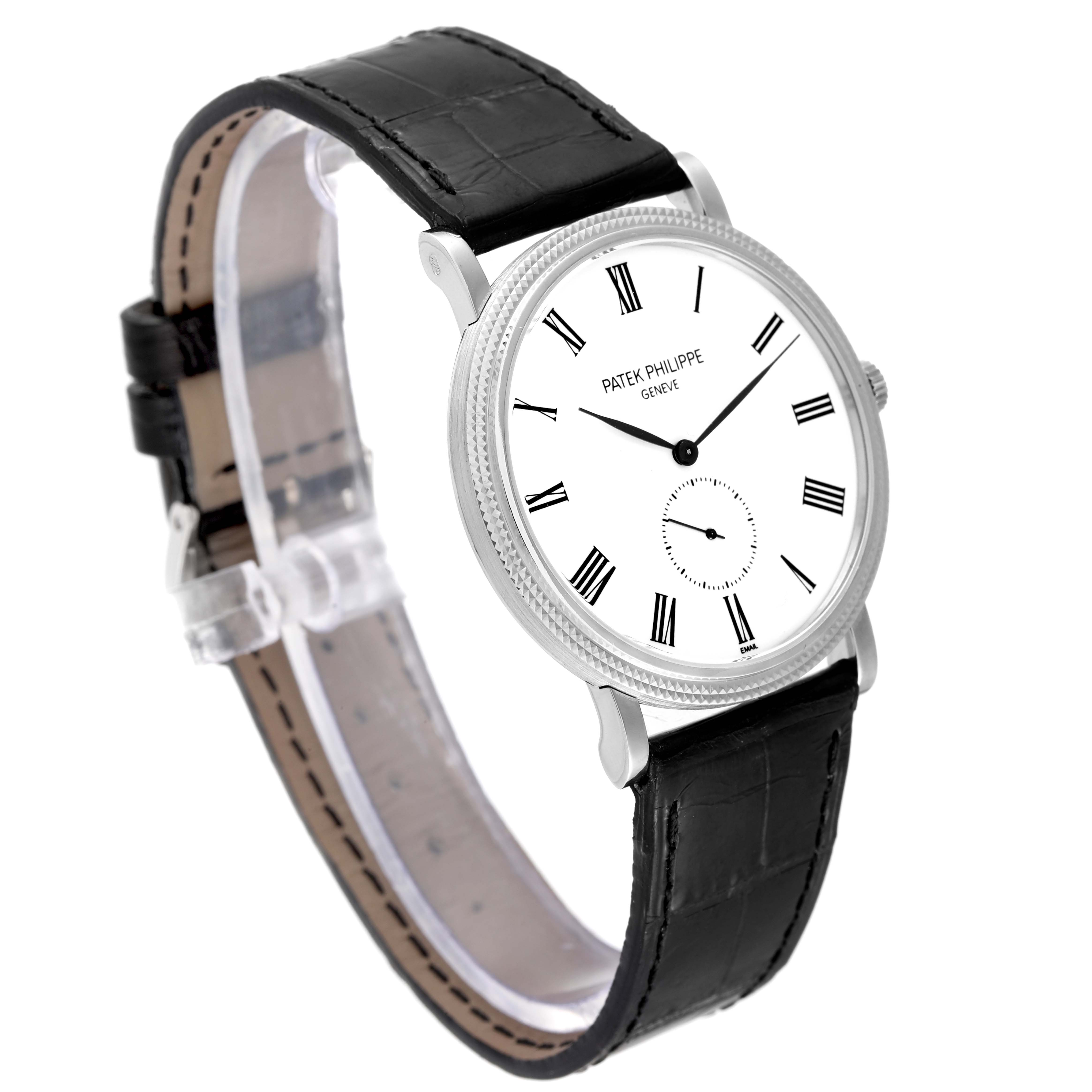 The Patek Philippe Calatrava 5116G Men
s White Gold White Dial 5116G Men
s White Gold White Dial watch is shown at a slight angle, displaying its dial, case, crown, and leather strap.