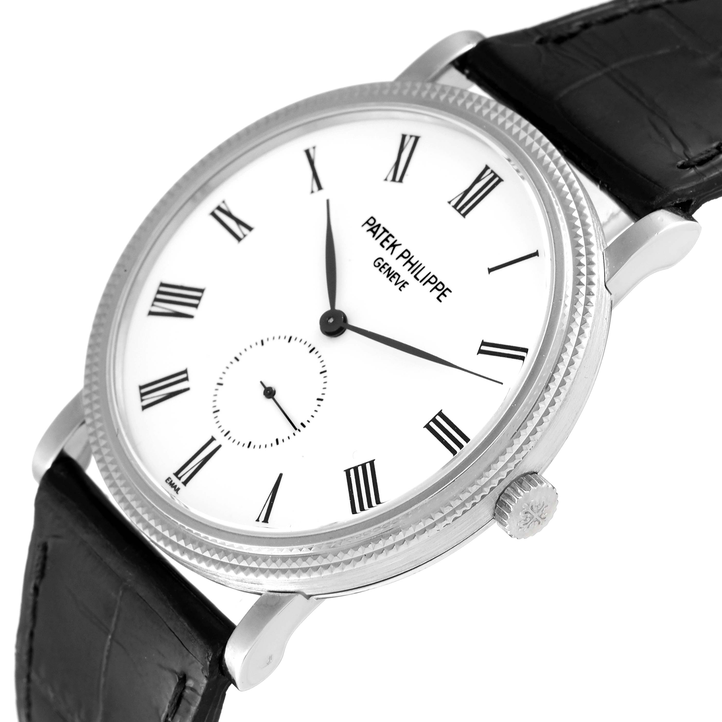 This is a close-up of the Patek Philippe Calatrava 5116G Men
s White Gold White Dial 5116G Men
s White Gold White Dial watch, showing the dial, black leather strap, and crown from a slight angle.