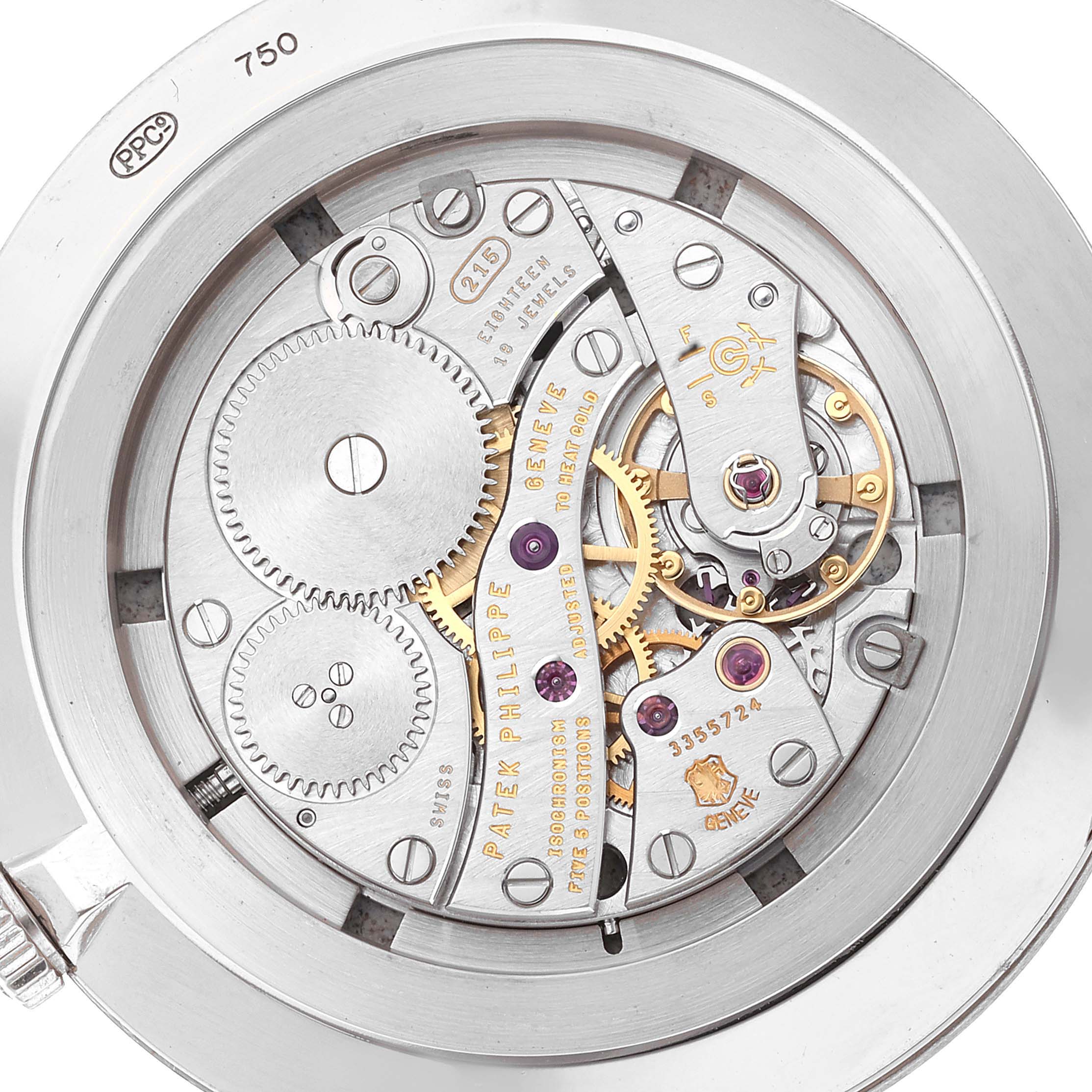 This image shows the back view of a Patek Philippe Calatrava 5116G Men
s White Gold White Dial 5116G Men
s White Gold White Dial model, highlighting its intricate mechanical movement.