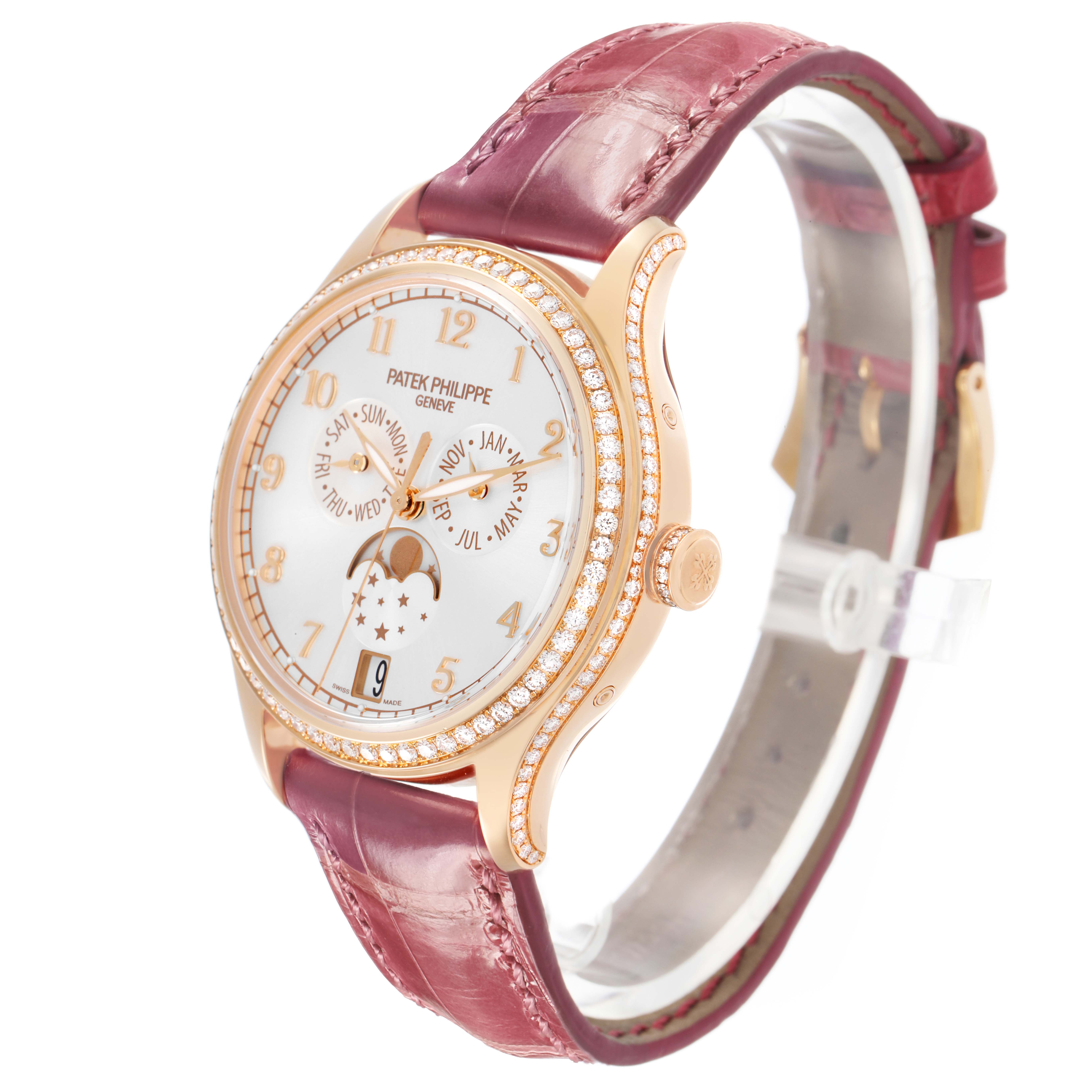 The Patek Philippe Complications 4947R-001 Men's Rose Gold Silver Dial watch is shown at a three-quarter angle, displaying the face, bezel, and strap.