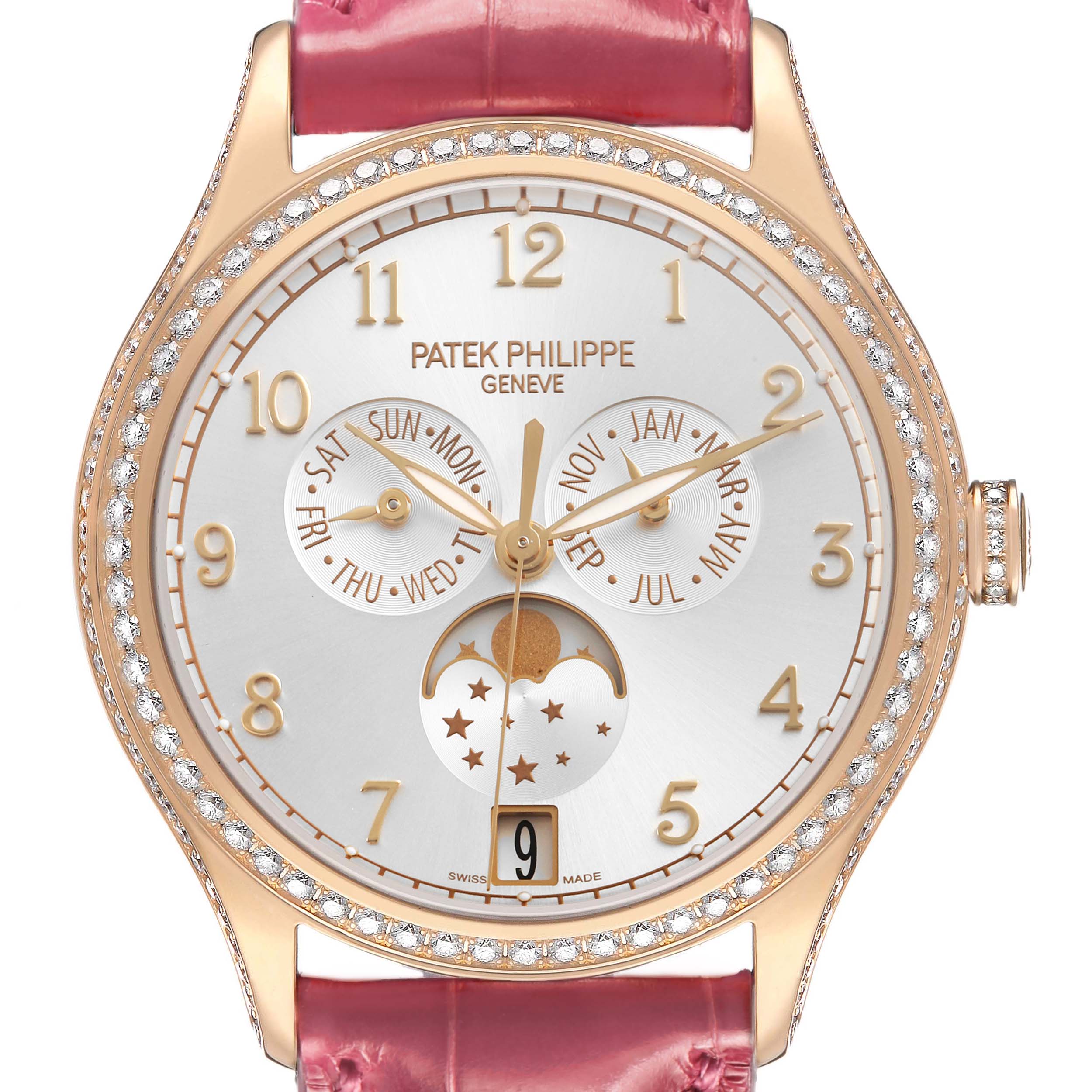 The Patek Philippe Complications 4947R-001 Men's Rose Gold Silver Dial model is shown from the front, displaying the watch face, hands, date, and moon phase.