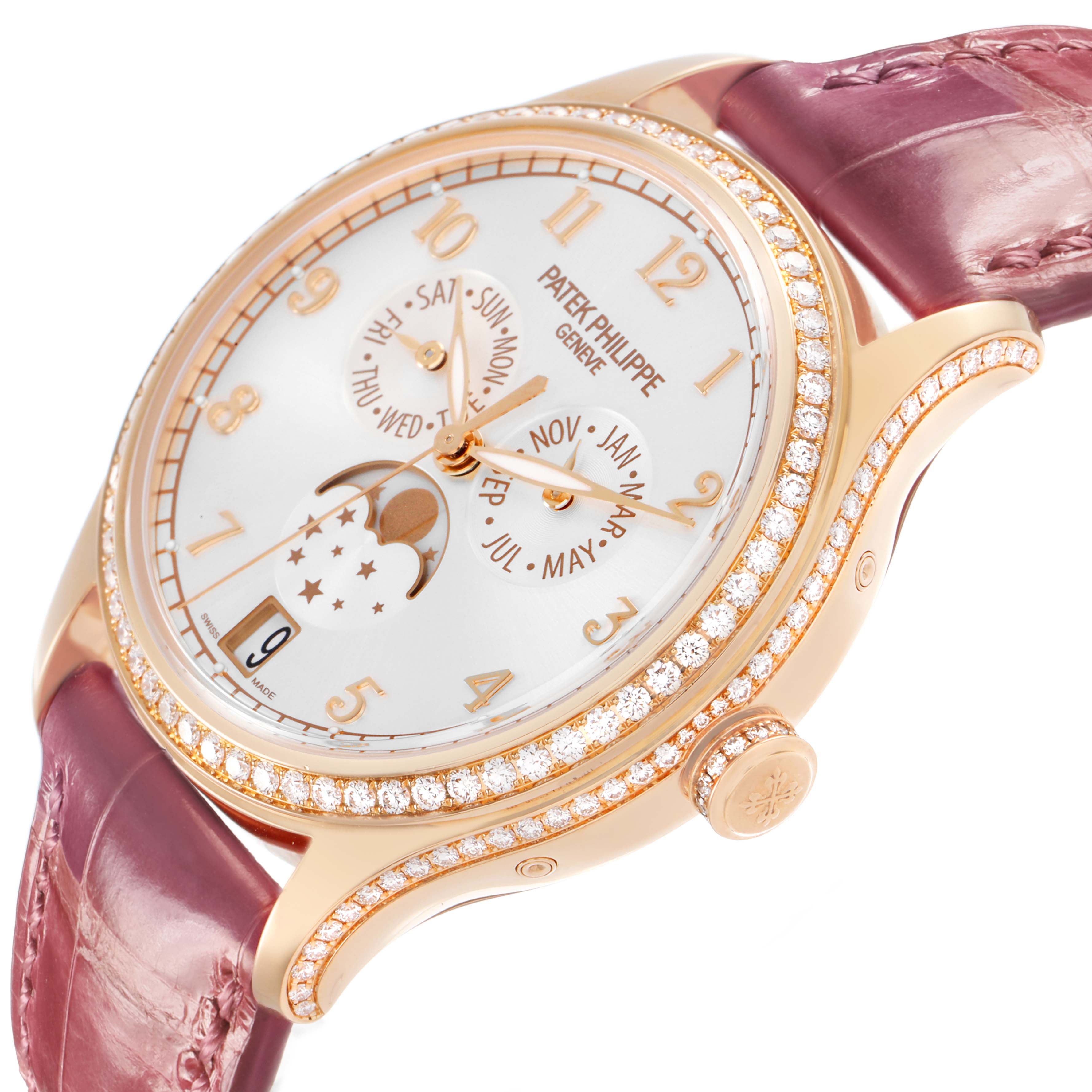 The Patek Philippe Complications 4947R-001 Men's Rose Gold Silver Dial watch is shown at a side angle, highlighting its diamond-set bezel and pink leather strap.