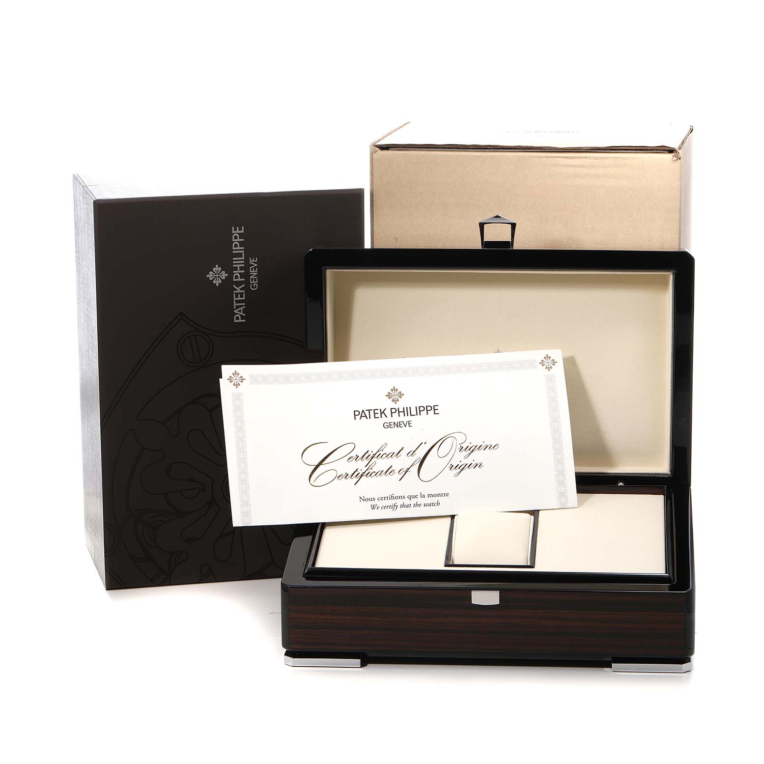 The image shows the packaging for a Patek Philippe Complications 4947R-001 Men's Rose Gold Silver Dial watch, including a box and a Certificate of Origin.