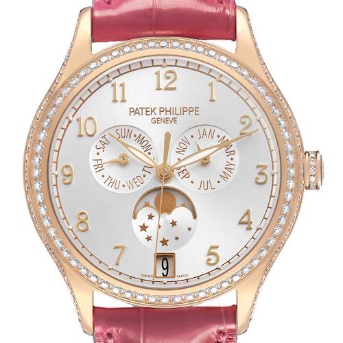 The Patek Philippe Complications 4947R-001 Men's Rose Gold Silver Dial watch is shown from the front, displaying a gold case, diamond bezel, and leather strap.