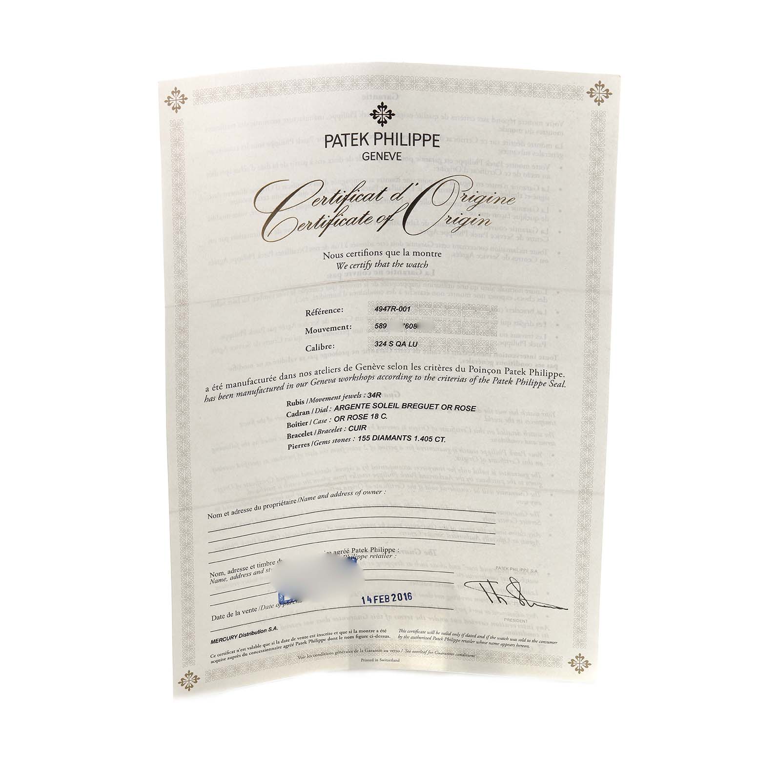 This image shows the Certificate of Origin for a Patek Philippe Complications 4947R-001 Men's Rose Gold Silver Dial model, with detailed specifications and authenticity.