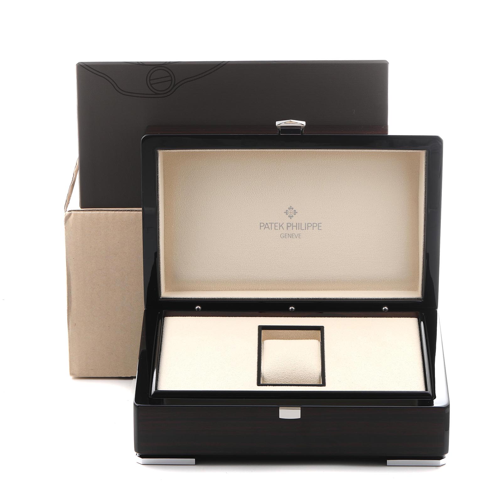 The image shows an open box for a Patek Philippe Complications 5139G-001 Men's White Gold Silver Dial 5139G-001 Men's White Gold Silver Dial model, with the lid open and the interior padding visible.
