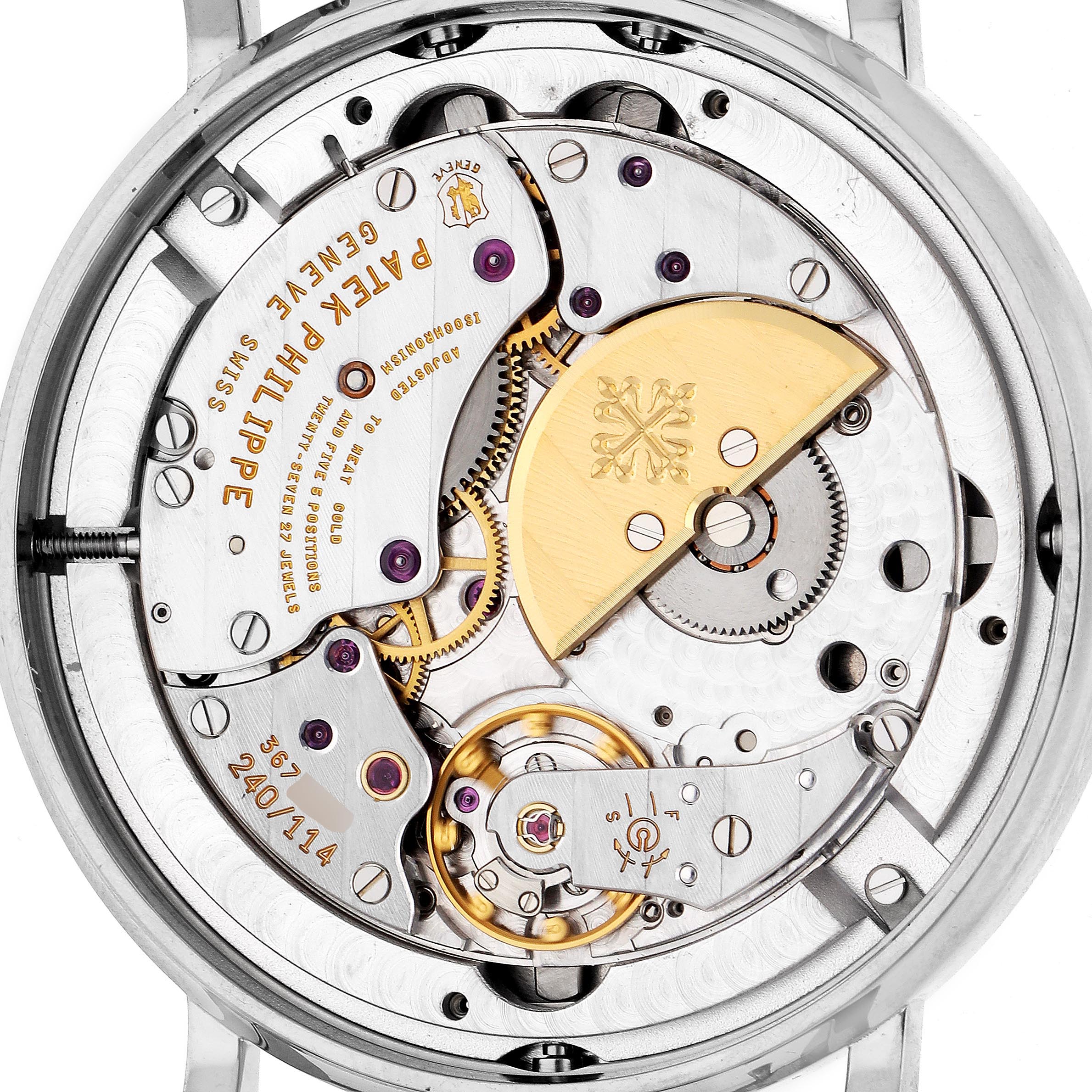 The image shows the back of a Patek Philippe Complications 5139G-001 Men's White Gold Silver Dial 5139G-001 Men's White Gold Silver Dial watch, highlighting the intricate movement and gears.