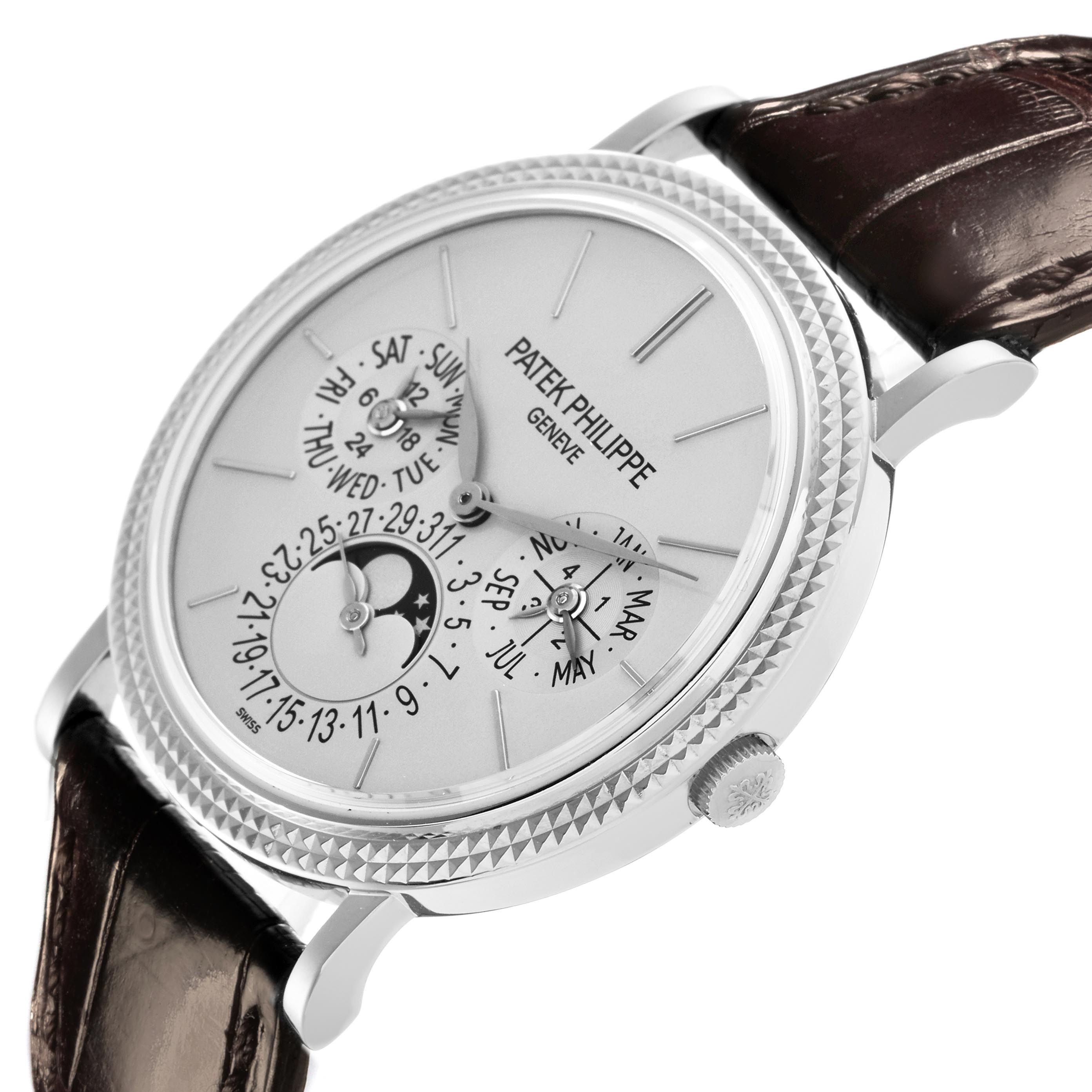 The Patek Philippe Complications 5139G-001 Men's White Gold Silver Dial 5139G-001 Men's White Gold Silver Dial watch is shown in a three-quarter view, highlighting the dial, crown, and textured bezel.