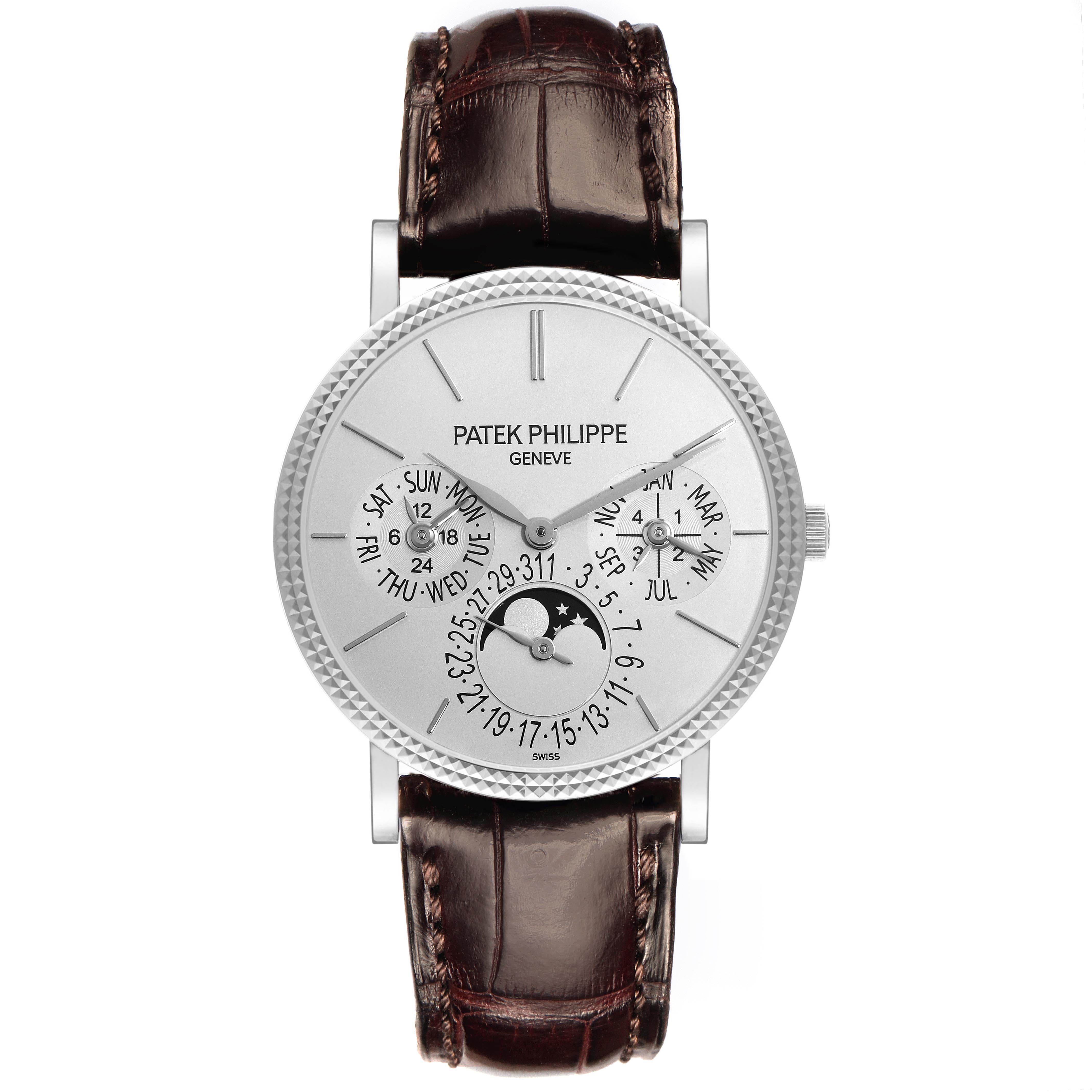 The Patek Philippe Complications 5139G-001 Men's White Gold Silver Dial 5139G-001 Men's White Gold Silver Dial watch is shown from the front, displaying the dial, hands, subdials, and leather strap.