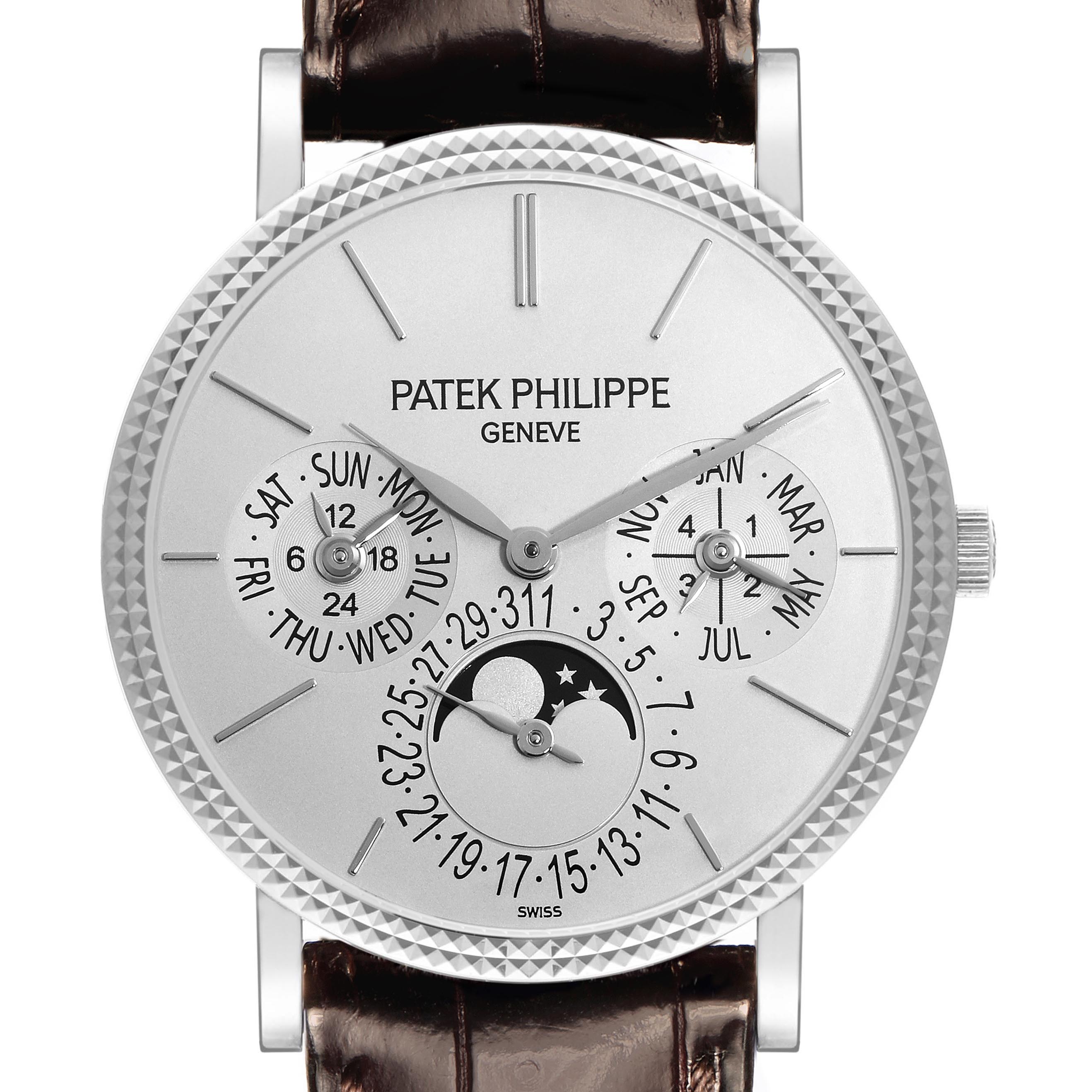 The Patek Philippe Complications 5139G-001 Men's White Gold Silver Dial 5139G-001 Men's White Gold Silver Dial watch is shown from a front angle, displaying the dial with subdials and a moon phase indicator.
