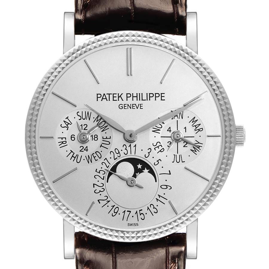 The Patek Philippe Complications watch is shown from a front angle, displaying the dial with subdials and a moon phase indicator.