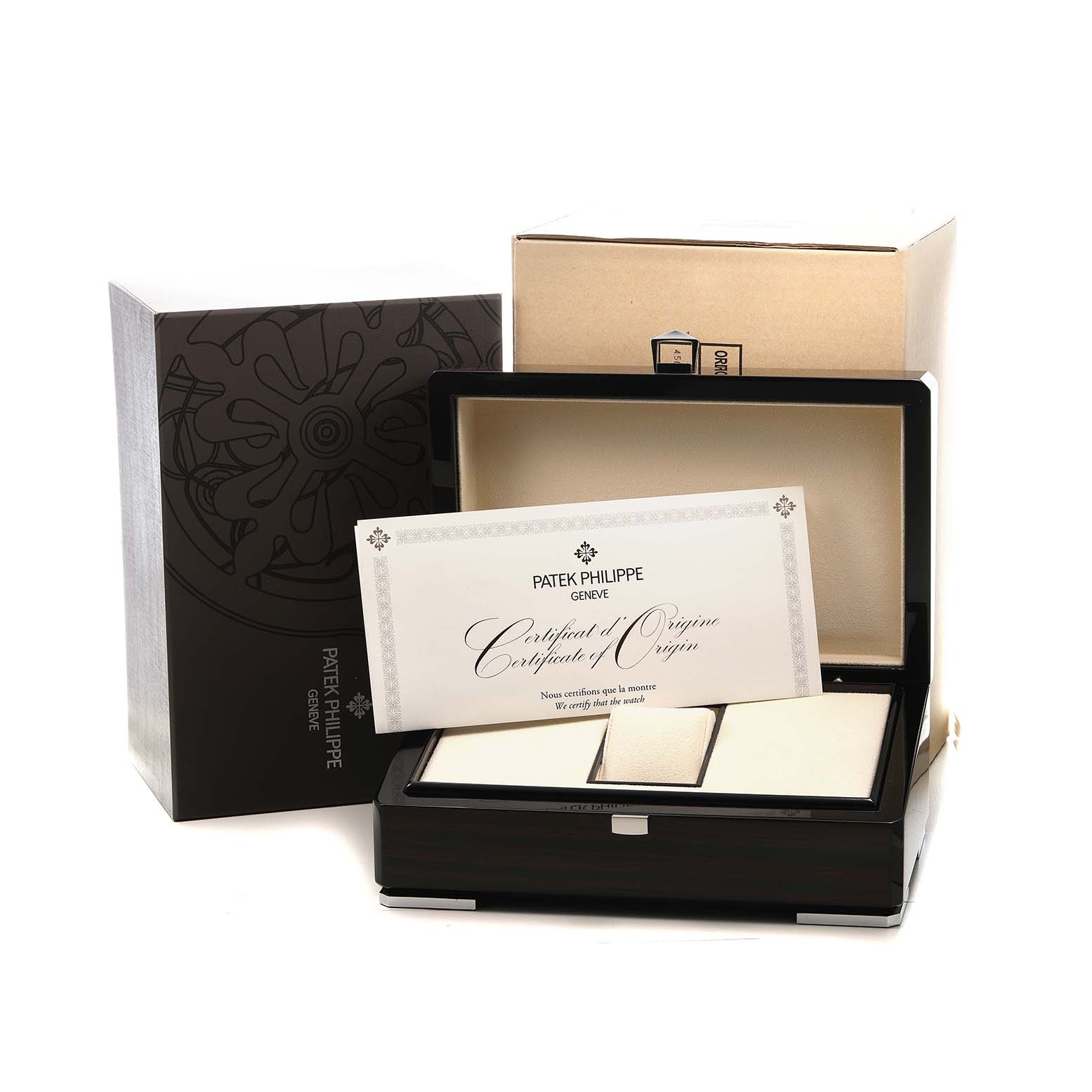 The Patek Philippe Complications 5327R Men's Rose Gold Beige Dial watch is displayed inside a polished box with a "Certificate of Origin" on top.