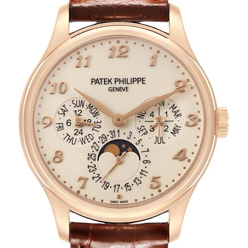 The image shows a Patek Philippe Complications 5327R Men's Rose Gold Beige Dial watch, focusing on the face, displaying time, date, day, month, and moon phase.