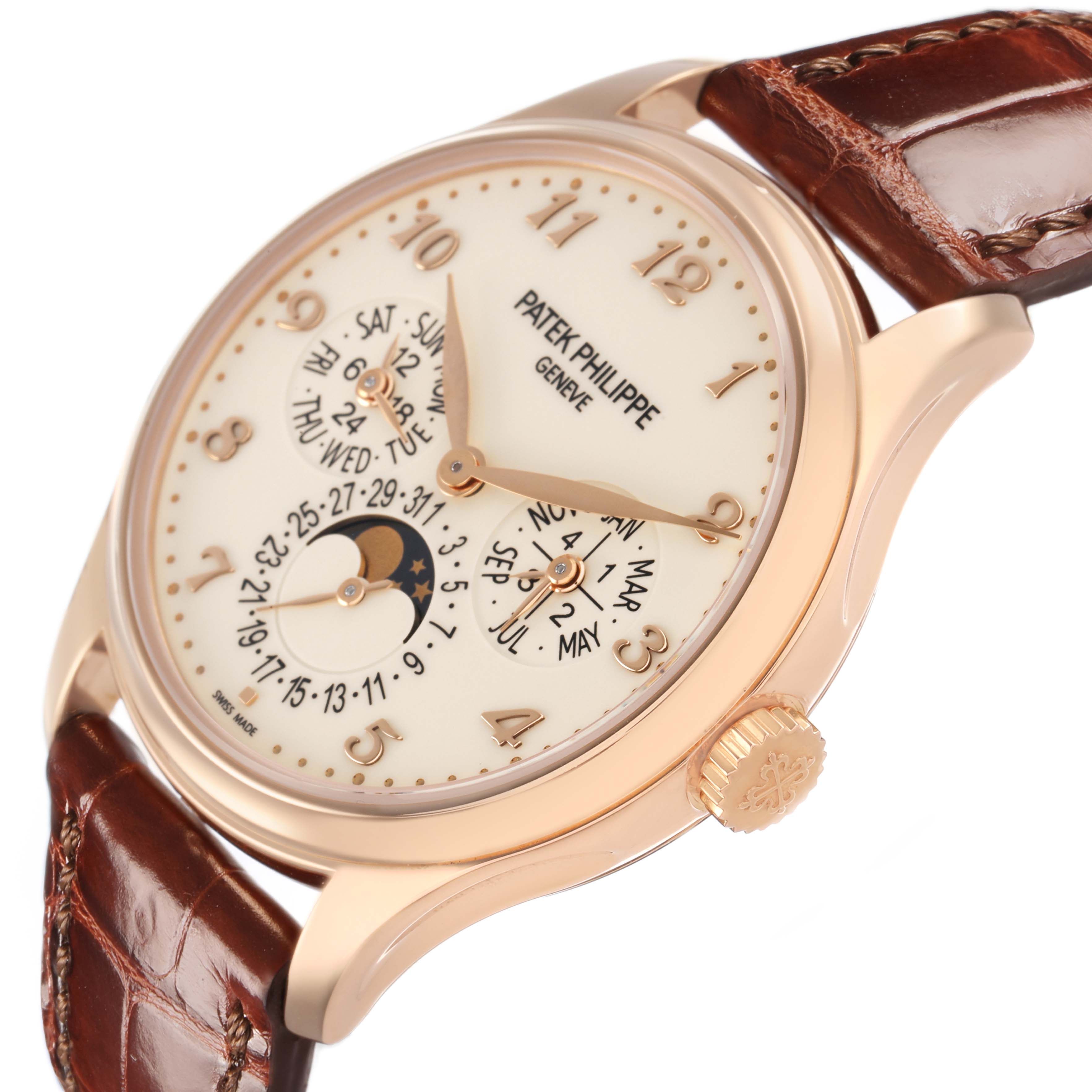 The image shows a side view of the Patek Philippe Complications 5327R Men's Rose Gold Beige Dial watch, highlighting its dial, crown, and leather strap.