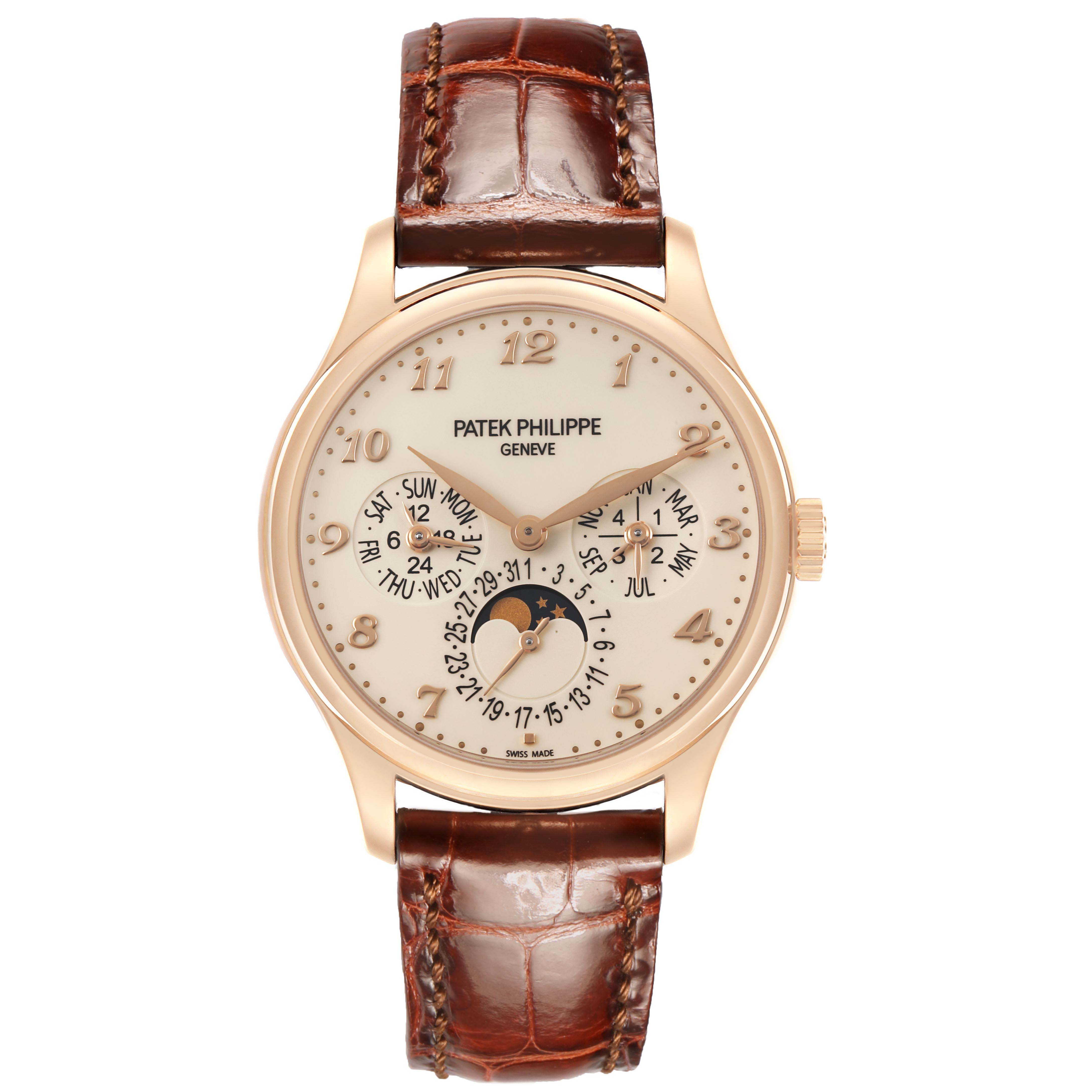 The Patek Philippe Complications 5327R Men's Rose Gold Beige Dial watch is shown from the front, displaying the face, dials, and leather strap.