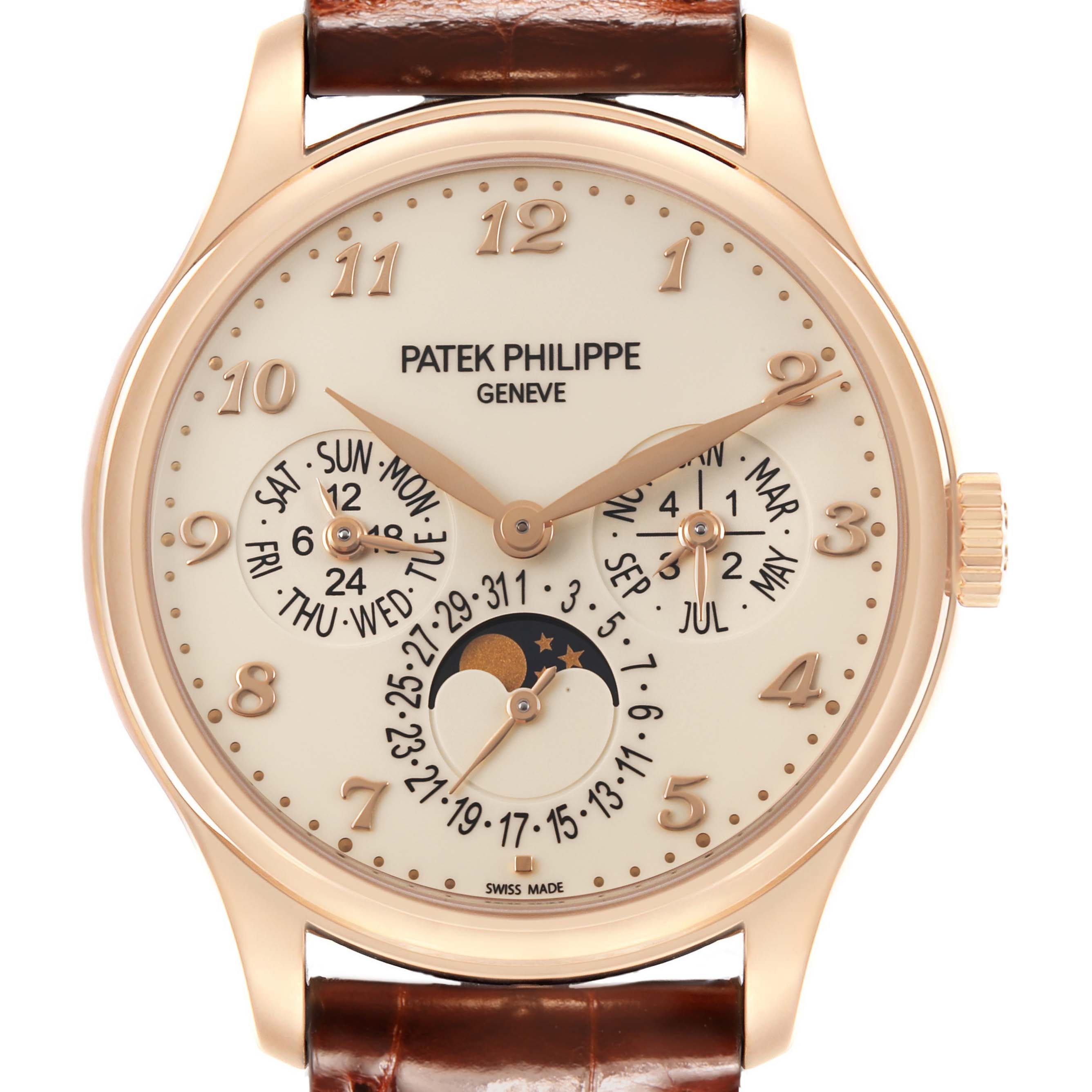 The Patek Philippe Complications 5327R Men's Rose Gold Beige Dial watch is shown from the front, highlighting its face with multiple dials and a moon phase display.