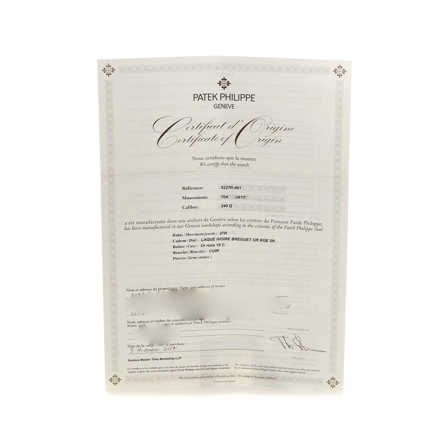The image shows the Certificate of Origin for a Patek Philippe Complications 5327R Men's Rose Gold Beige Dial model, with text specifying its details.