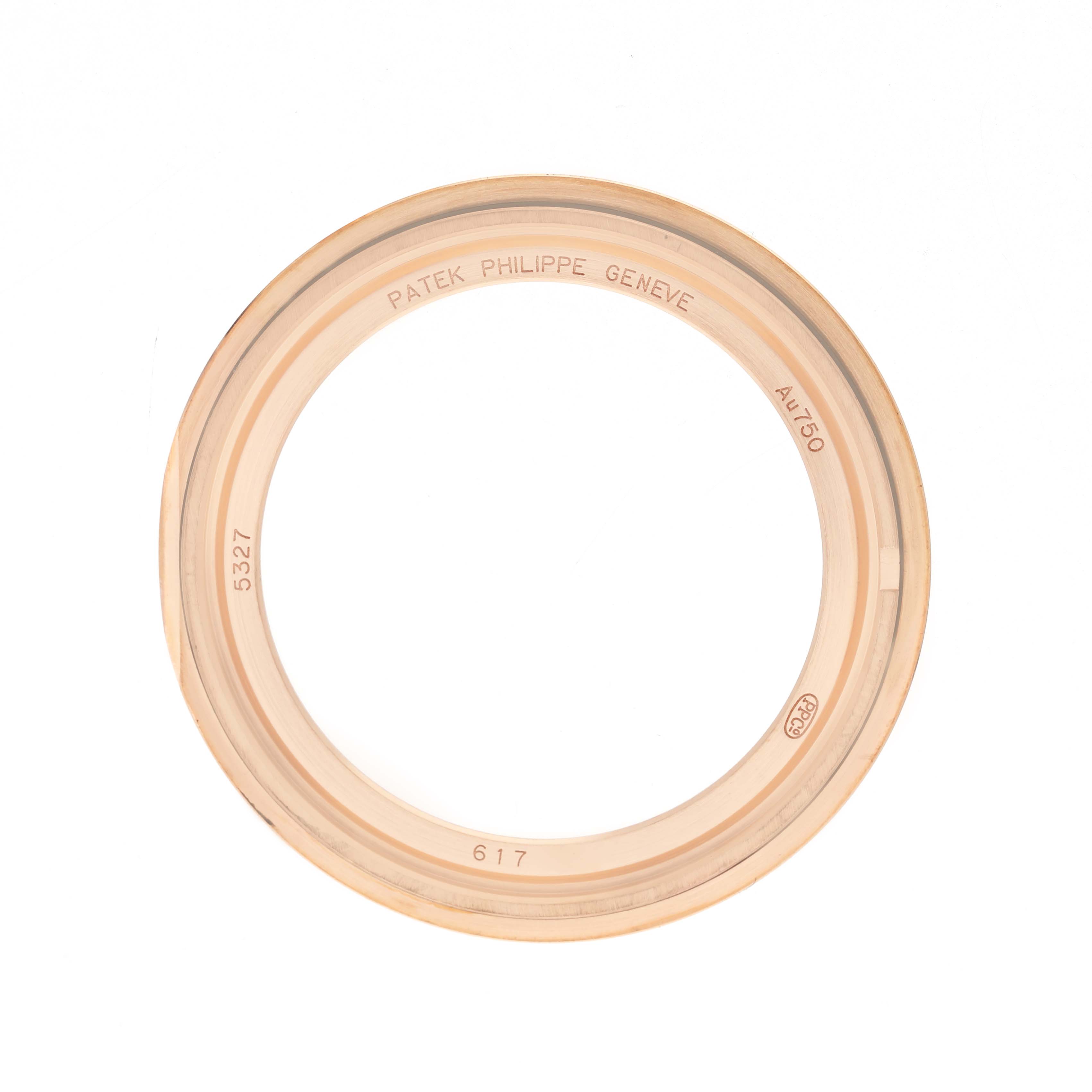 The image shows a top-down view of a bezel for the Patek Philippe Complications 5327R Men's Rose Gold Beige Dial model.
