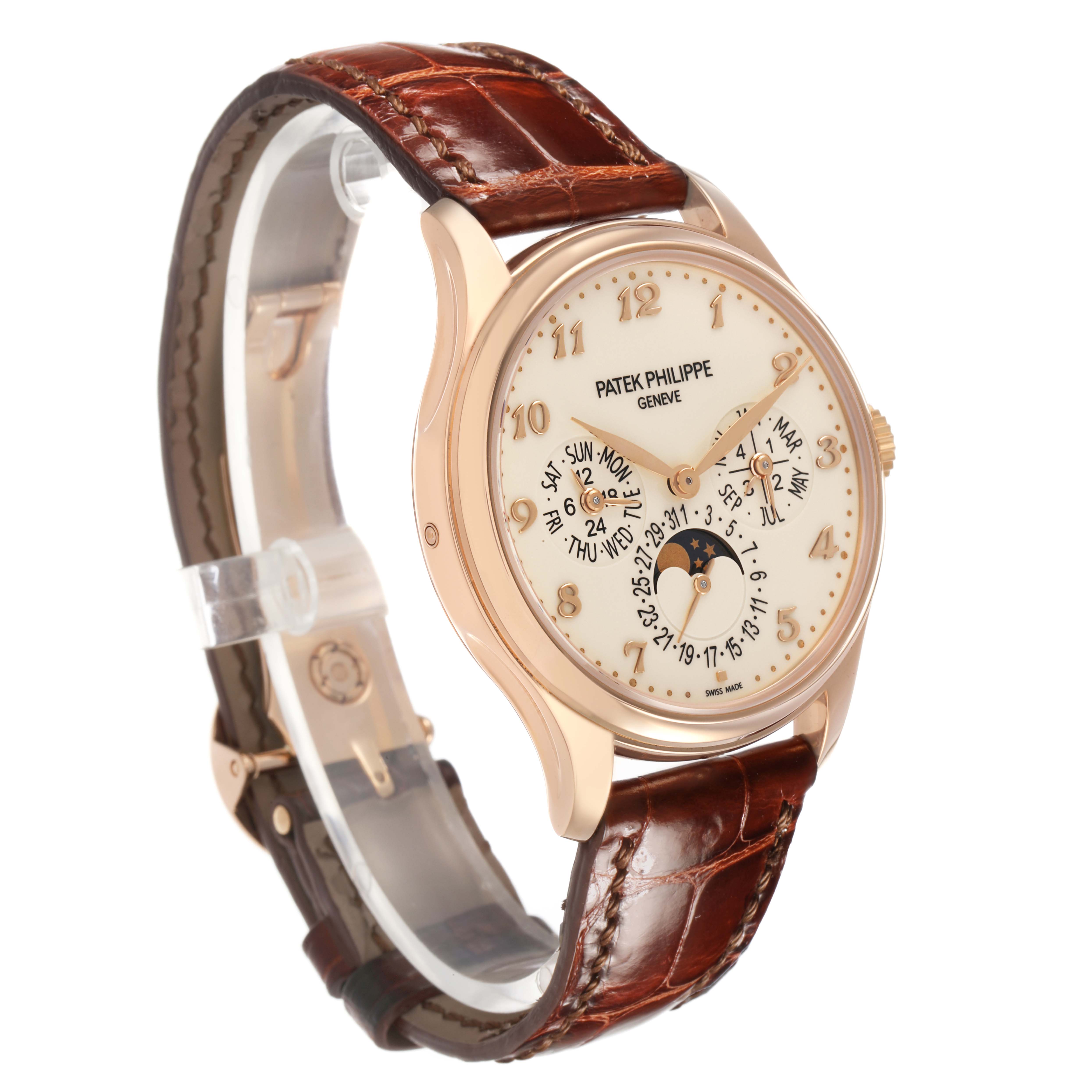 The Patek Philippe Complications 5327R Men's Rose Gold Beige Dial watch is shown at a left-side angle, highlighting the dial and leather strap.
