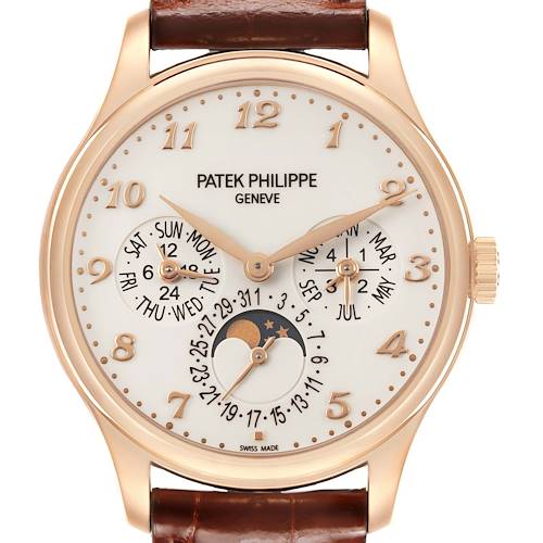 The Patek Philippe Complications 5327R Men's Rose Gold Beige Dial watch is shown from the front, displaying the dial, calendar functions, and a brown leather strap.