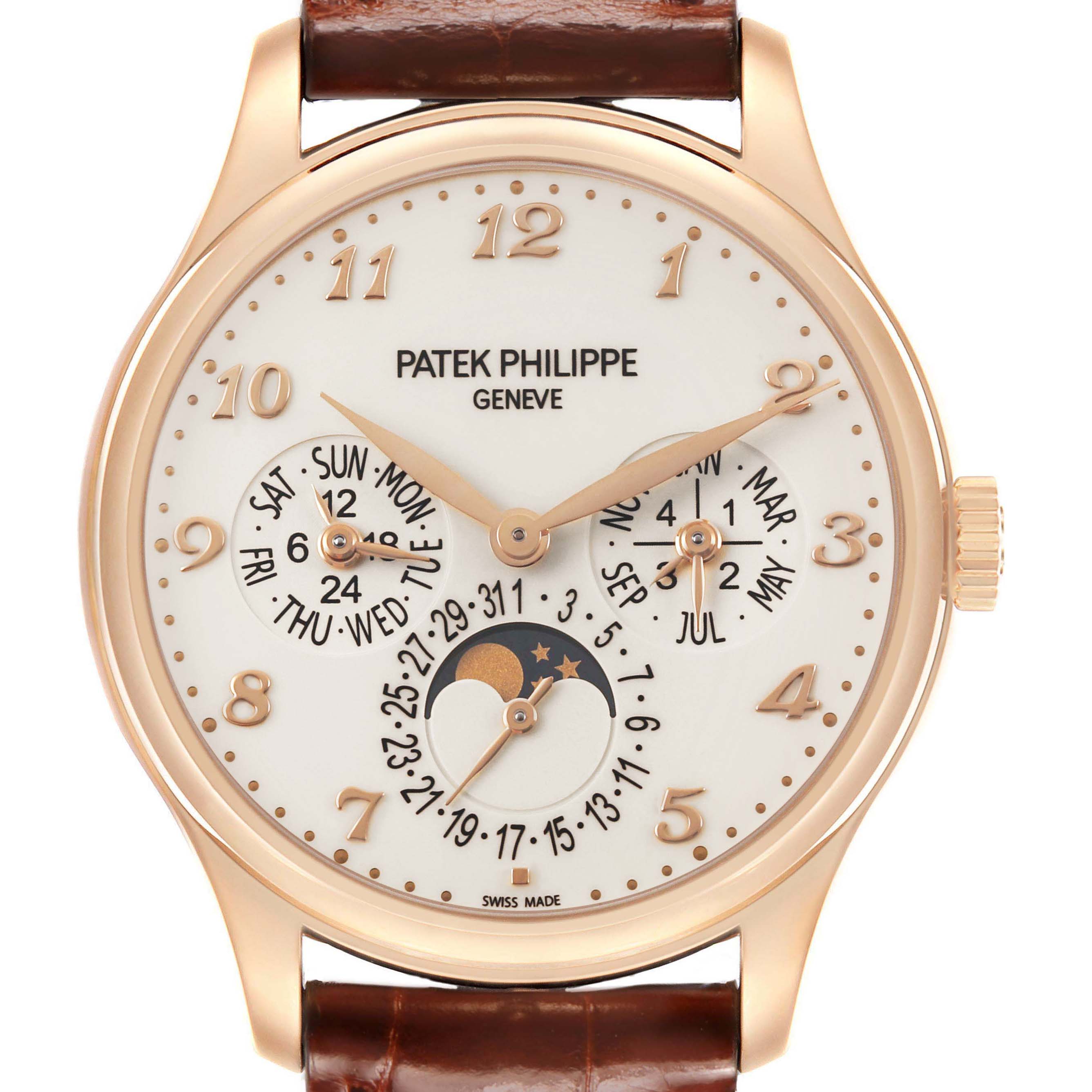The Patek Philippe Complications 5327R Men's Rose Gold Beige Dial watch is shown from a front angle, displaying the dial, hands, subdials, and brown leather strap.