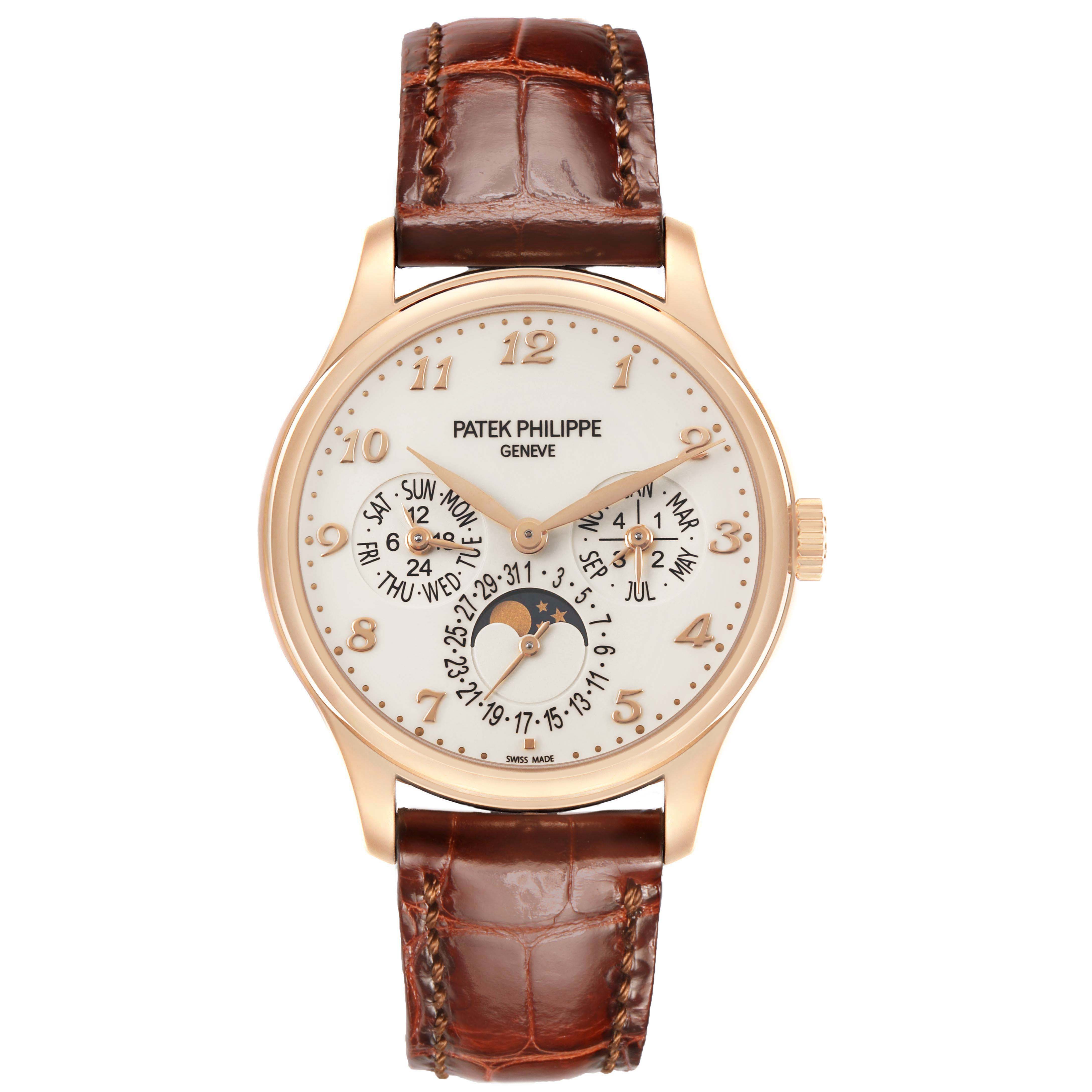 The image shows a frontal view of a Patek Philippe Complications 5327R Men's Rose Gold Beige Dial watch with its dial, hands, and calendar sub-dials clearly visible.