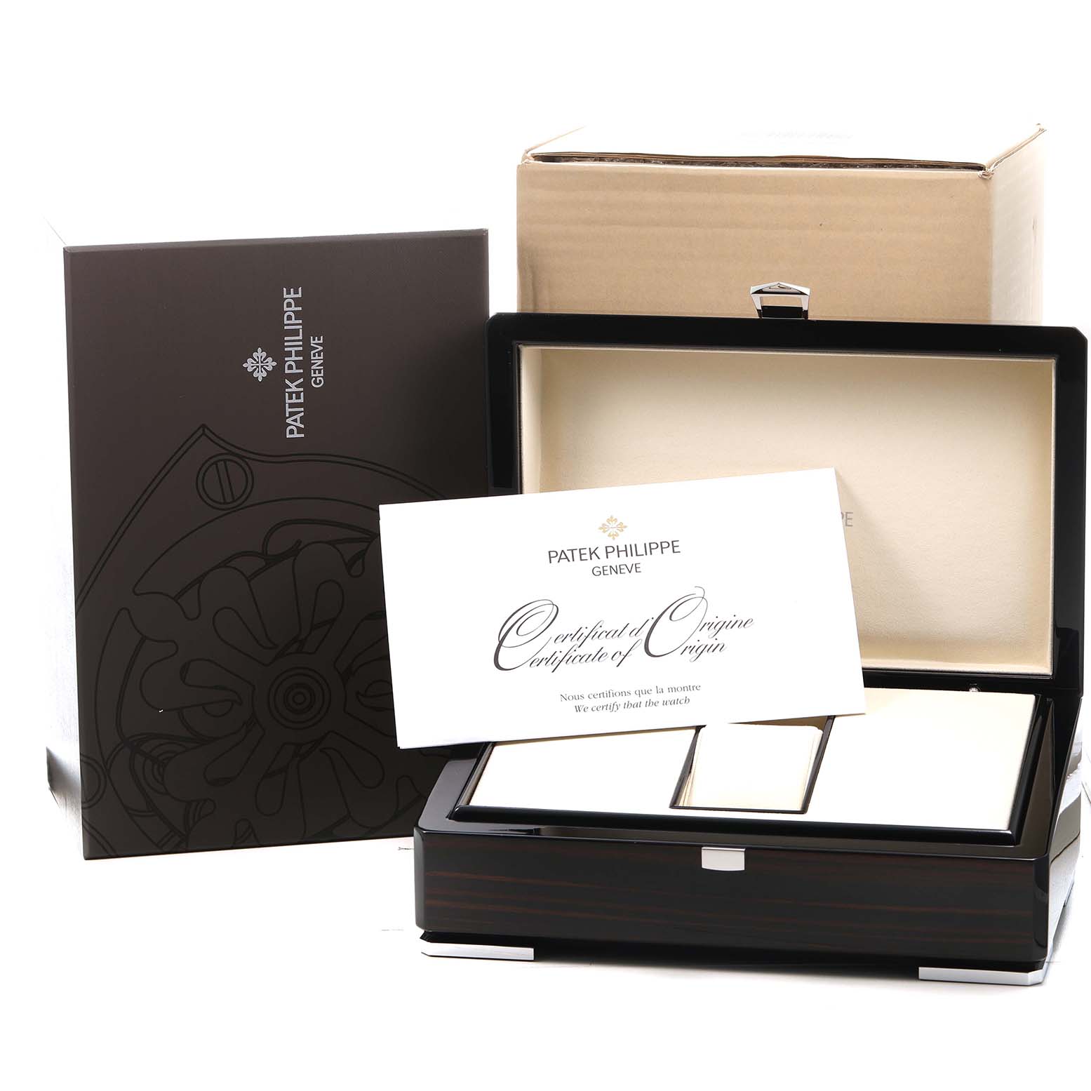 The image shows a Patek Philippe Nautilus 5726 Men's Stainless Steel Grey Dial watch box, certificate, and packaging, viewed from a front angle.