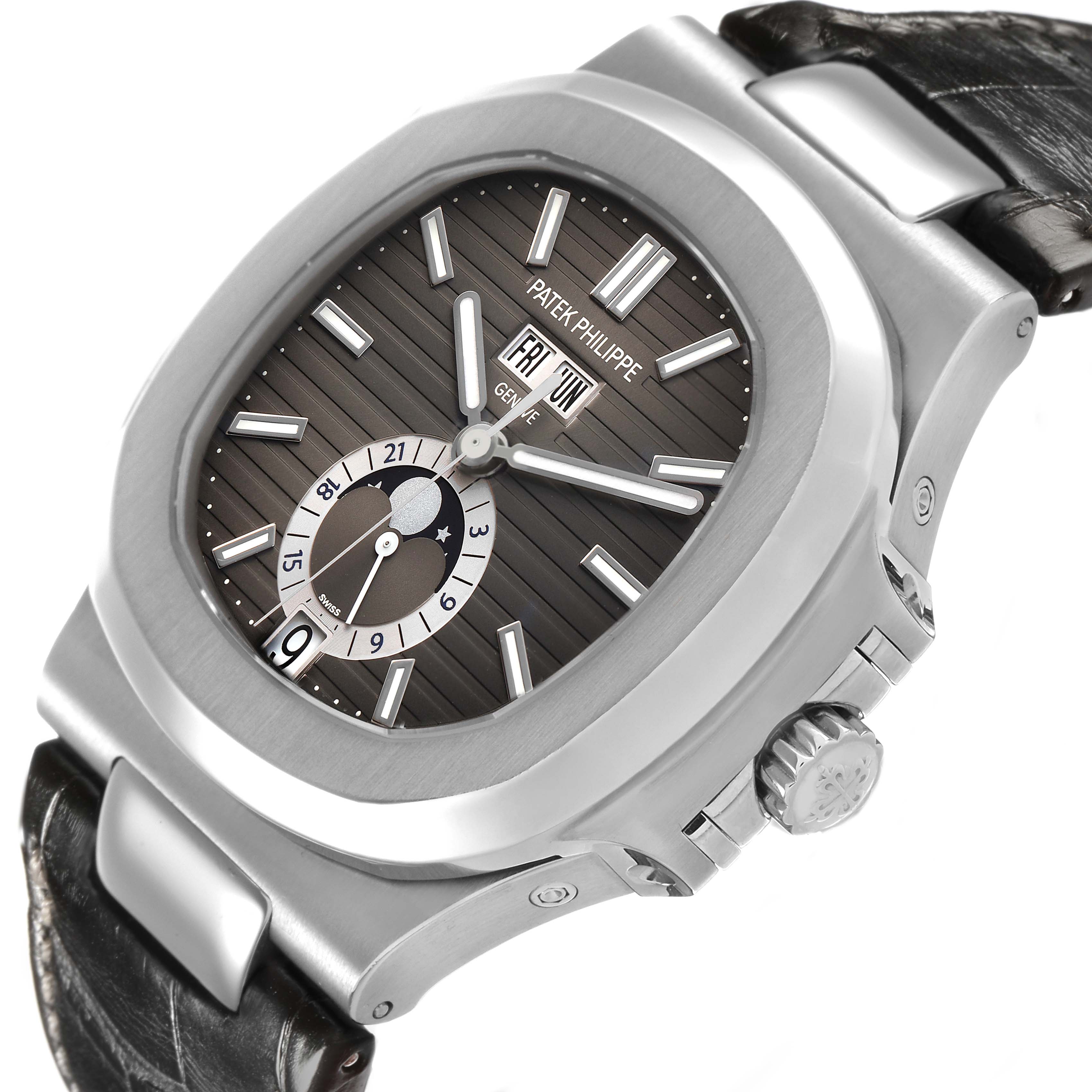 The Patek Philippe Nautilus 5726 Men's Stainless Steel Grey Dial watch is shown at a three-quarter angle, highlighting the face, case, crown, and strap attachment.