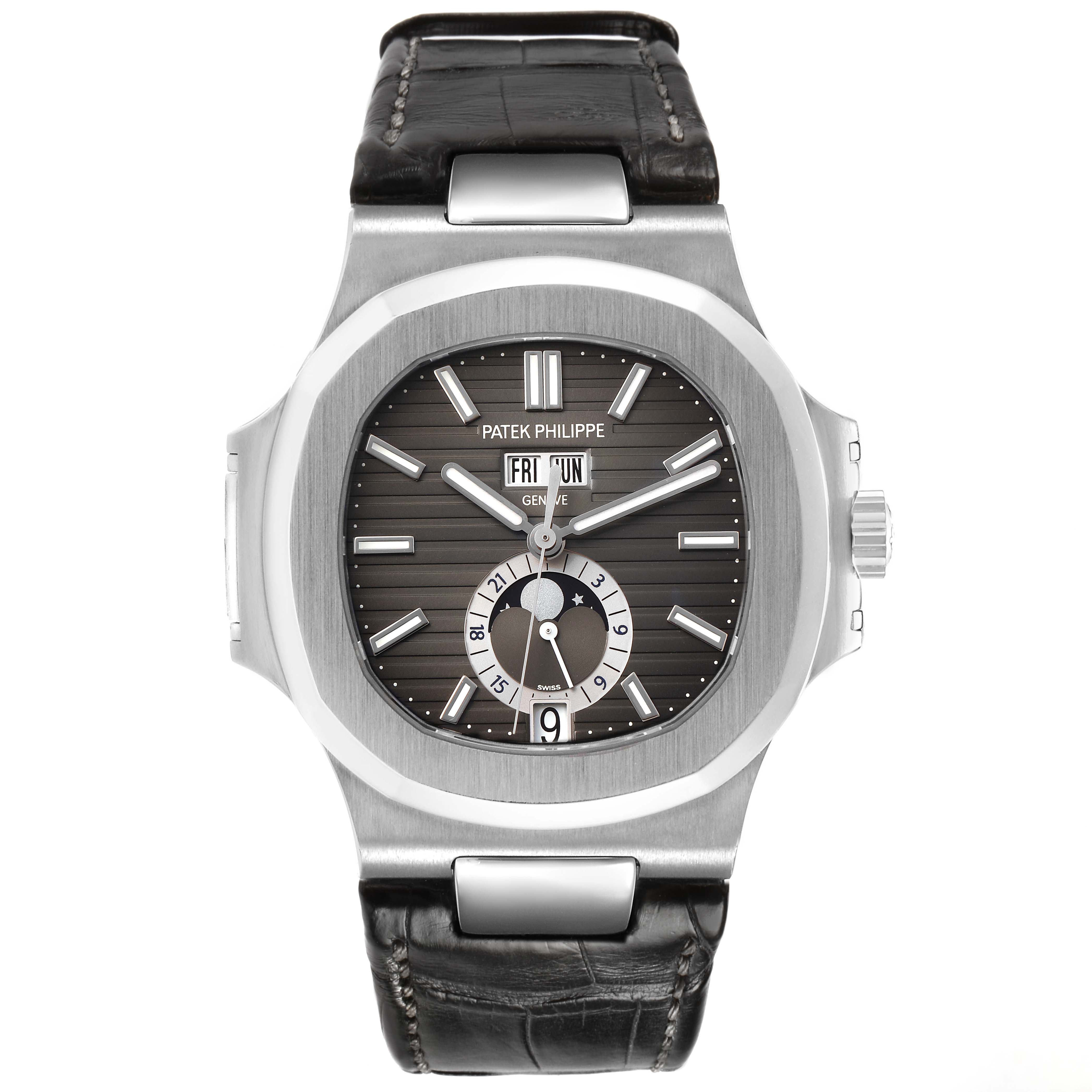 The image shows a front view of a Patek Philippe Nautilus 5726 Men's Stainless Steel Grey Dial watch, featuring its dial, case, and black leather strap.