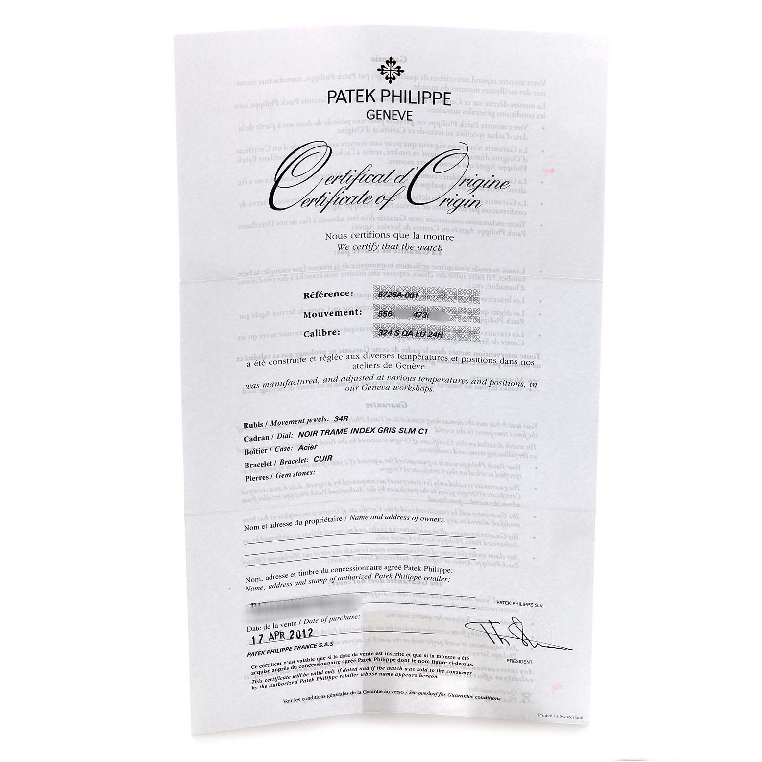 The image shows a "Certificate of Origin" for a Patek Philippe Nautilus 5726 Men's Stainless Steel Grey Dial watch, with details like reference, movement, and date.