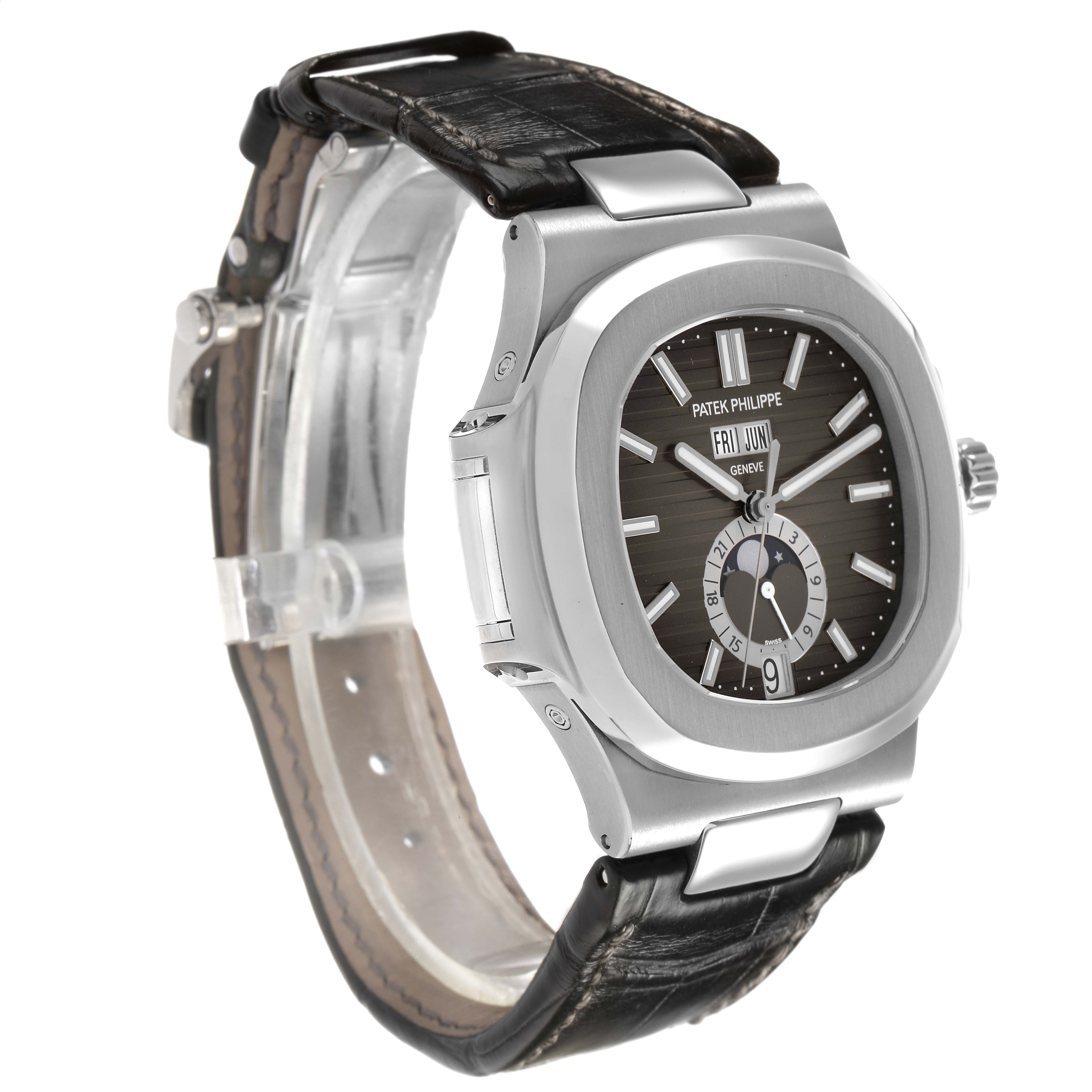 The image shows a Patek Philippe Nautilus 5726 Men's Stainless Steel Grey Dial watch at a three-quarter angle, highlighting the dial, bezel, lugs, and leather strap.