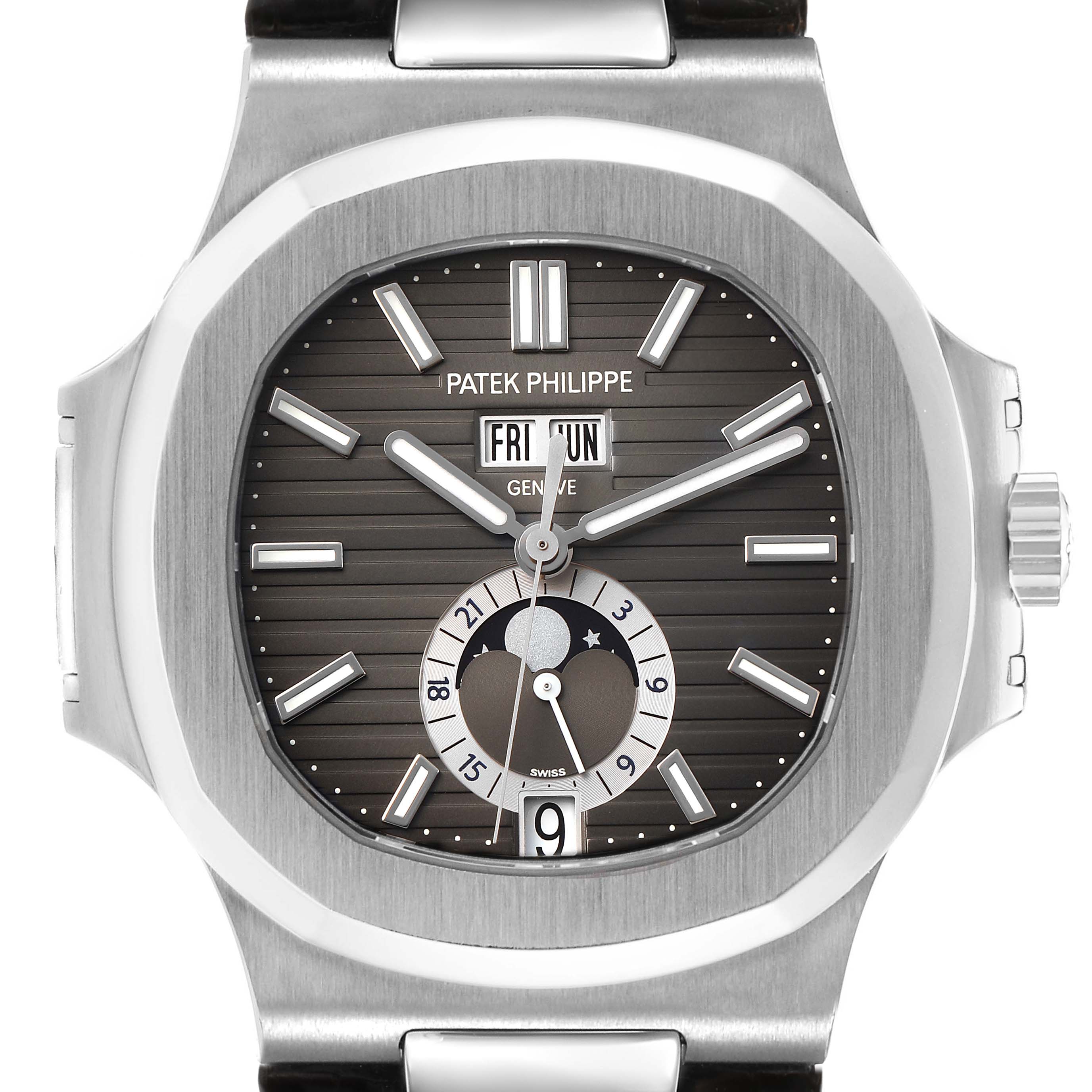 The image shows a front view of the Patek Philippe Nautilus 5726 Men's Stainless Steel Grey Dial watch, highlighting its dial, hour markers, hands, and moon phase.