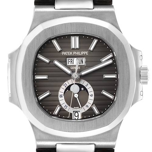 The image shows a frontal view of the Patek Philippe Nautilus 5726 Men's Stainless Steel Grey Dial watch, displaying the dial, hands, and moon phase.
