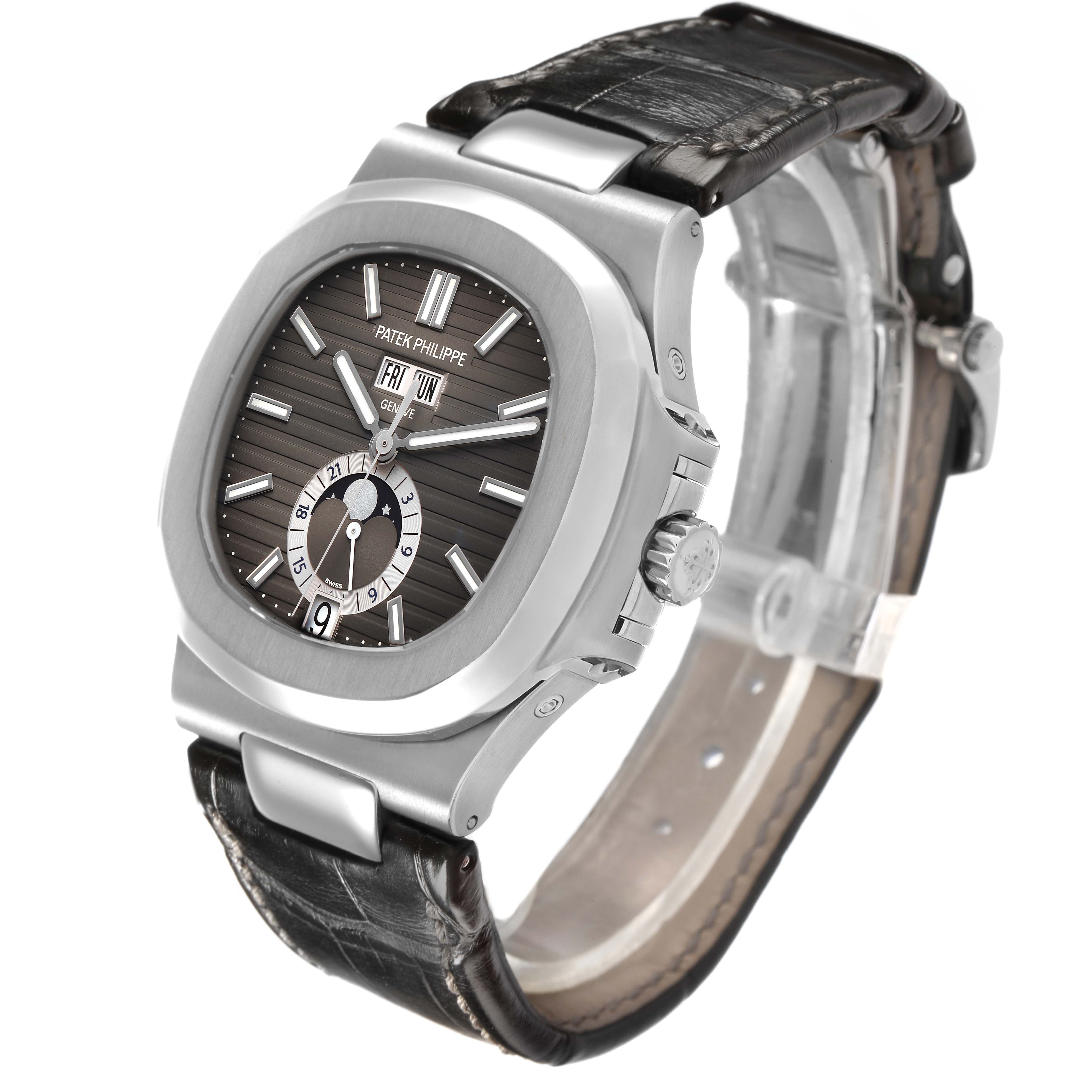 The Patek Philippe Nautilus 5726 Men's Stainless Steel Grey Dial watch is shown at a three-quarter angle, displaying its dial, case, bezel, crown, and strap.