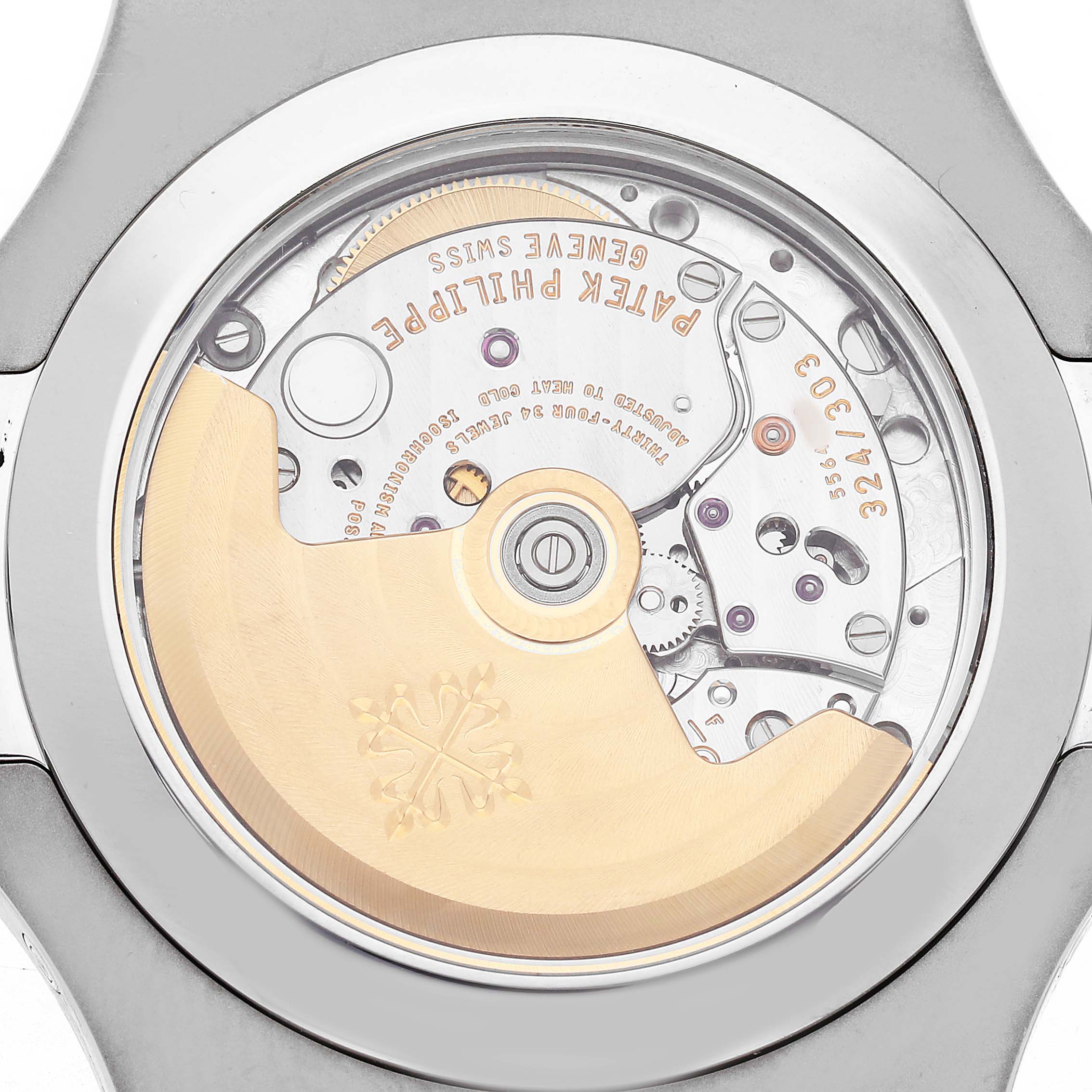The image shows the back view of a Patek Philippe Nautilus 5726 Men's Stainless Steel Grey Dial watch highlighting its movement and rotor mechanism.