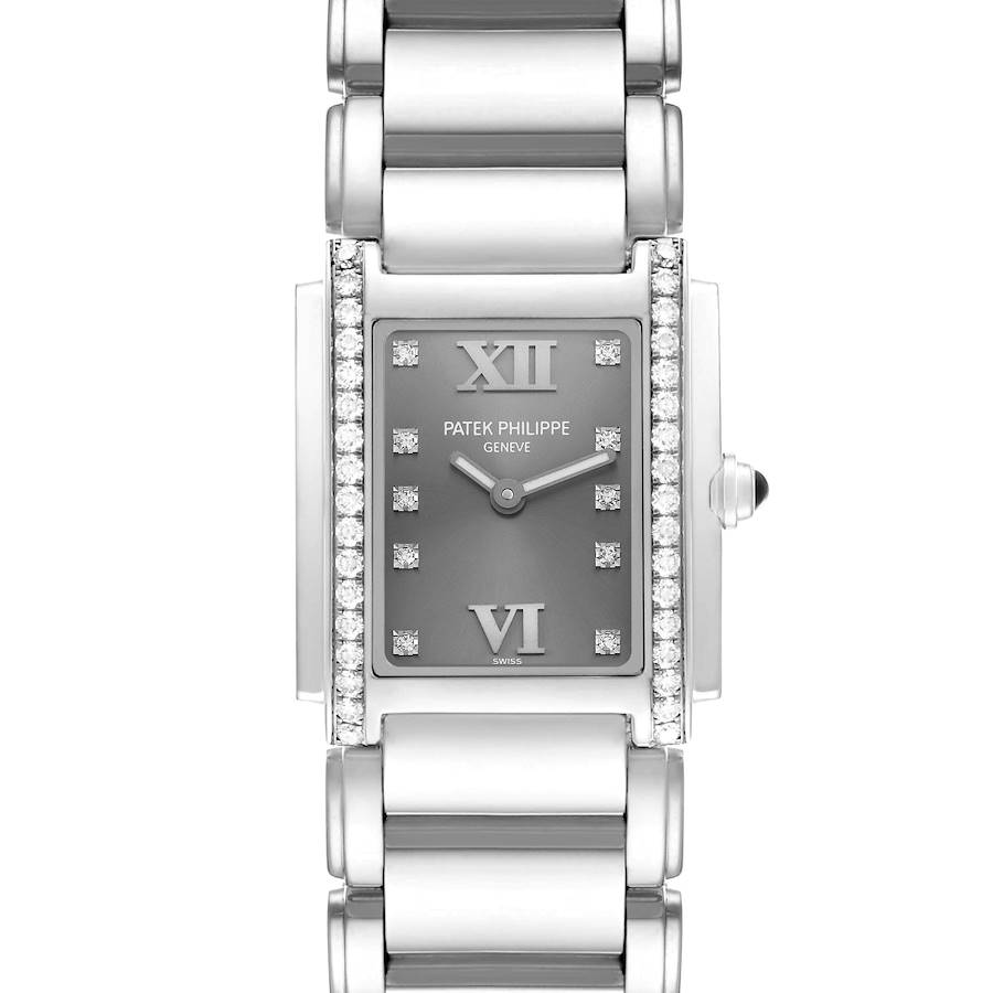 The Patek Philippe Twenty-4 watch is shown from the front, highlighting its rectangular face, bracelet, and side crown.