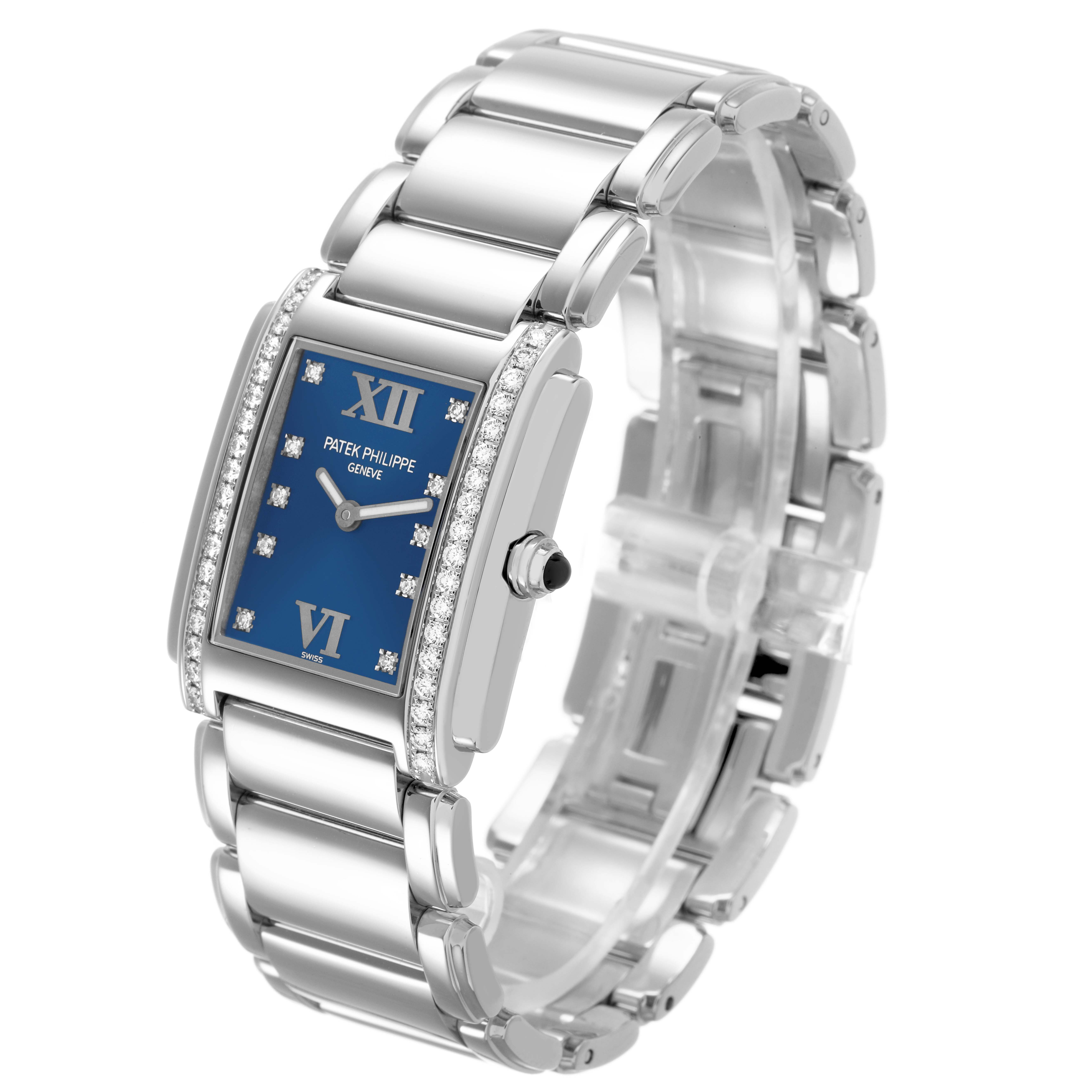 The Patek Philippe Twenty-4 4910A Women's Stainless Steel Blue Dial watch is shown at an angled side view, highlighting the bracelet and blue rectangular dial.