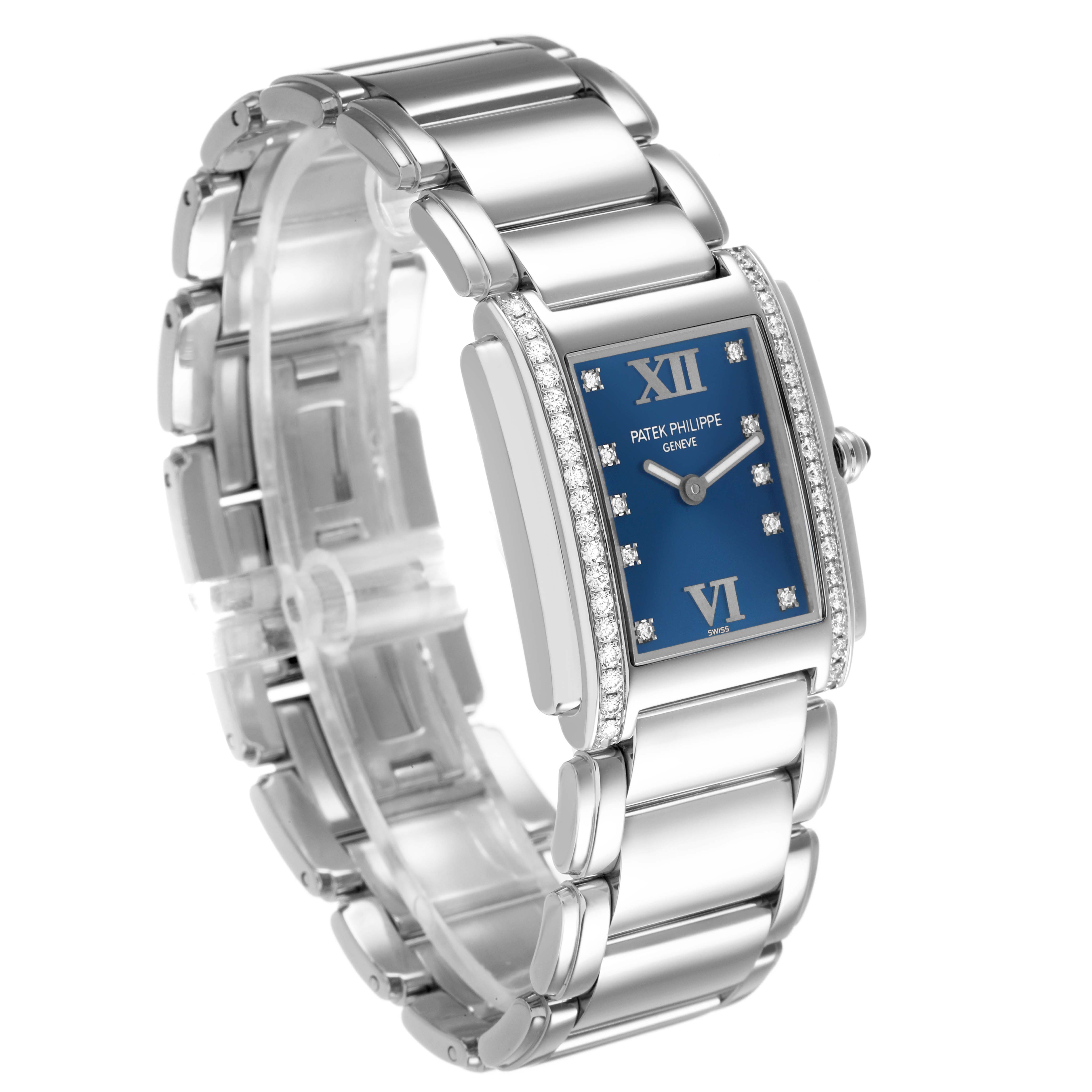 The Patek Philippe Twenty-4 4910A Women's Stainless Steel Blue Dial watch is shown from a three-quarter angle, highlighting its rectangular case, bracelet, and diamond-set bezel.