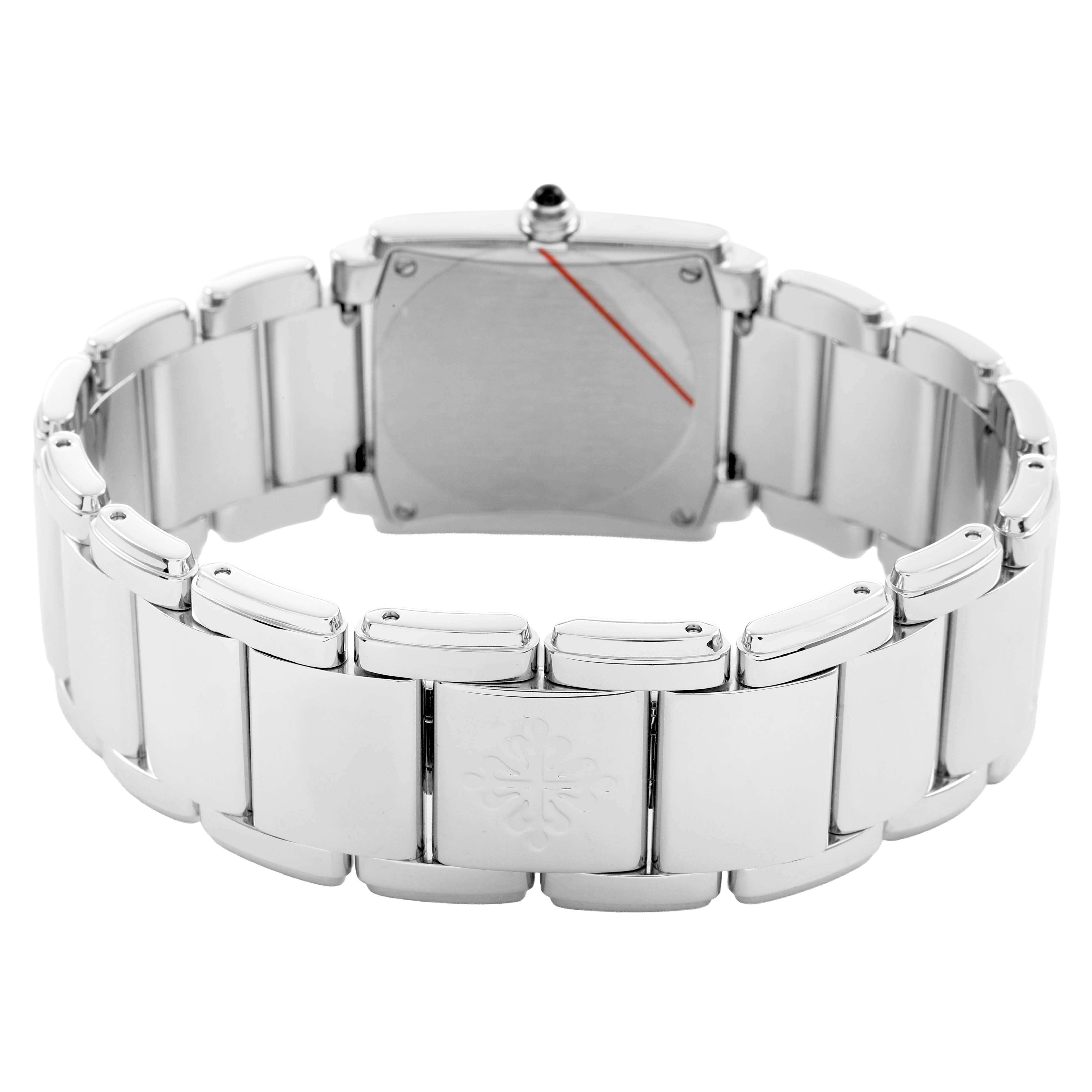 The image shows the back view of the Patek Philippe Twenty-4 4910A Women's Stainless Steel Blue Dial watch, highlighting the case back and bracelet.