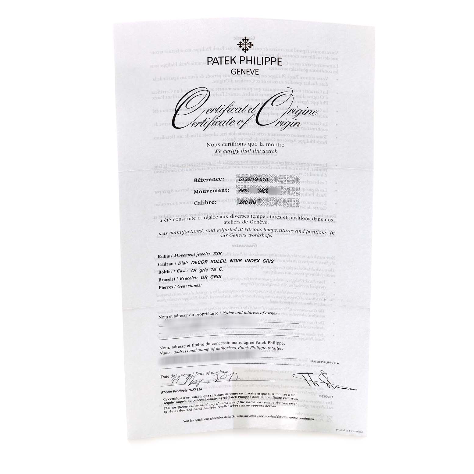 The image shows a "Certificate of Origin" for a Patek Philippe Complications 5130G Men's White Gold Silver Dial model watch.