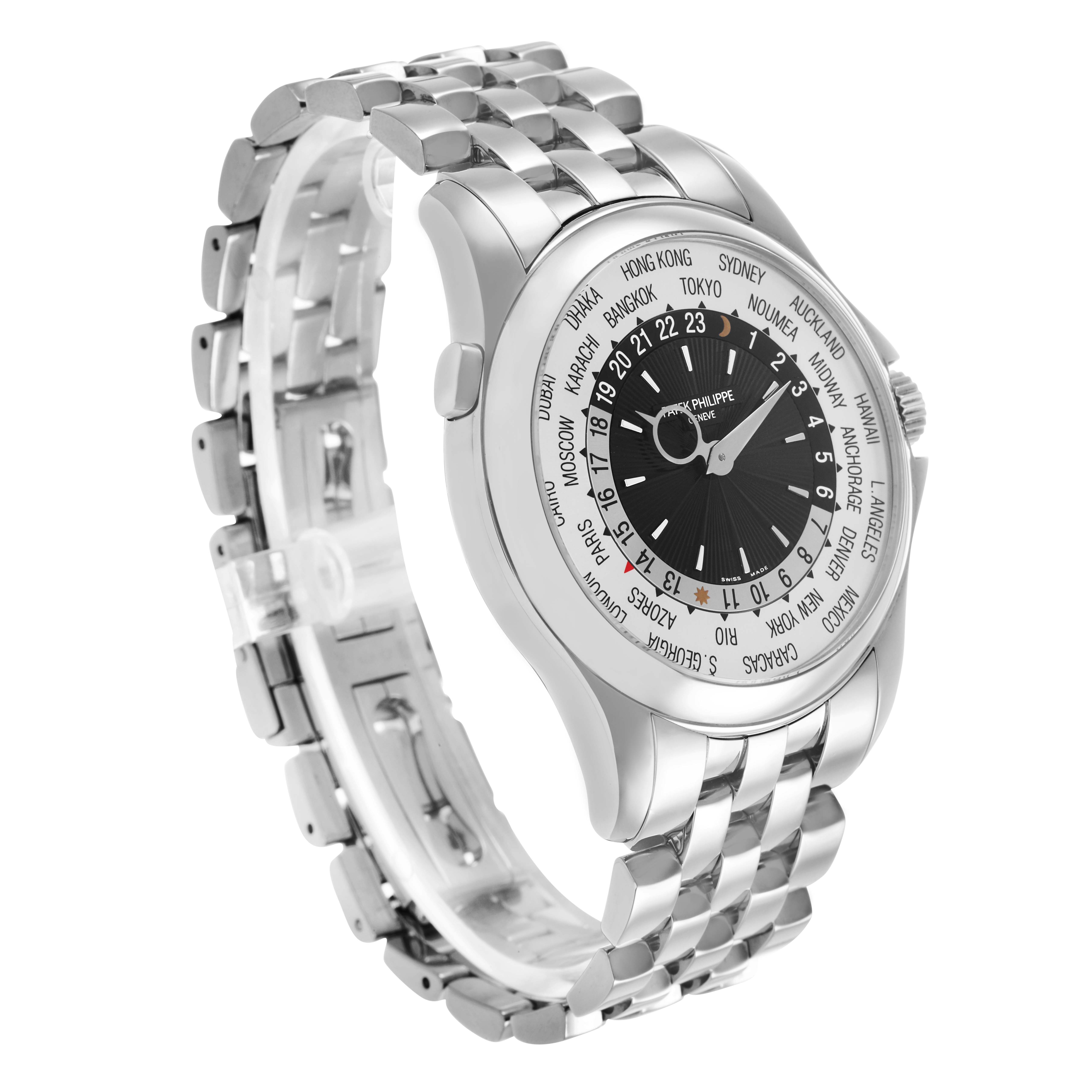 The image shows the Patek Philippe Complications 5130G Men's White Gold Silver Dial watch at a three-quarter angle, highlighting the dial, bezel, and metal bracelet.