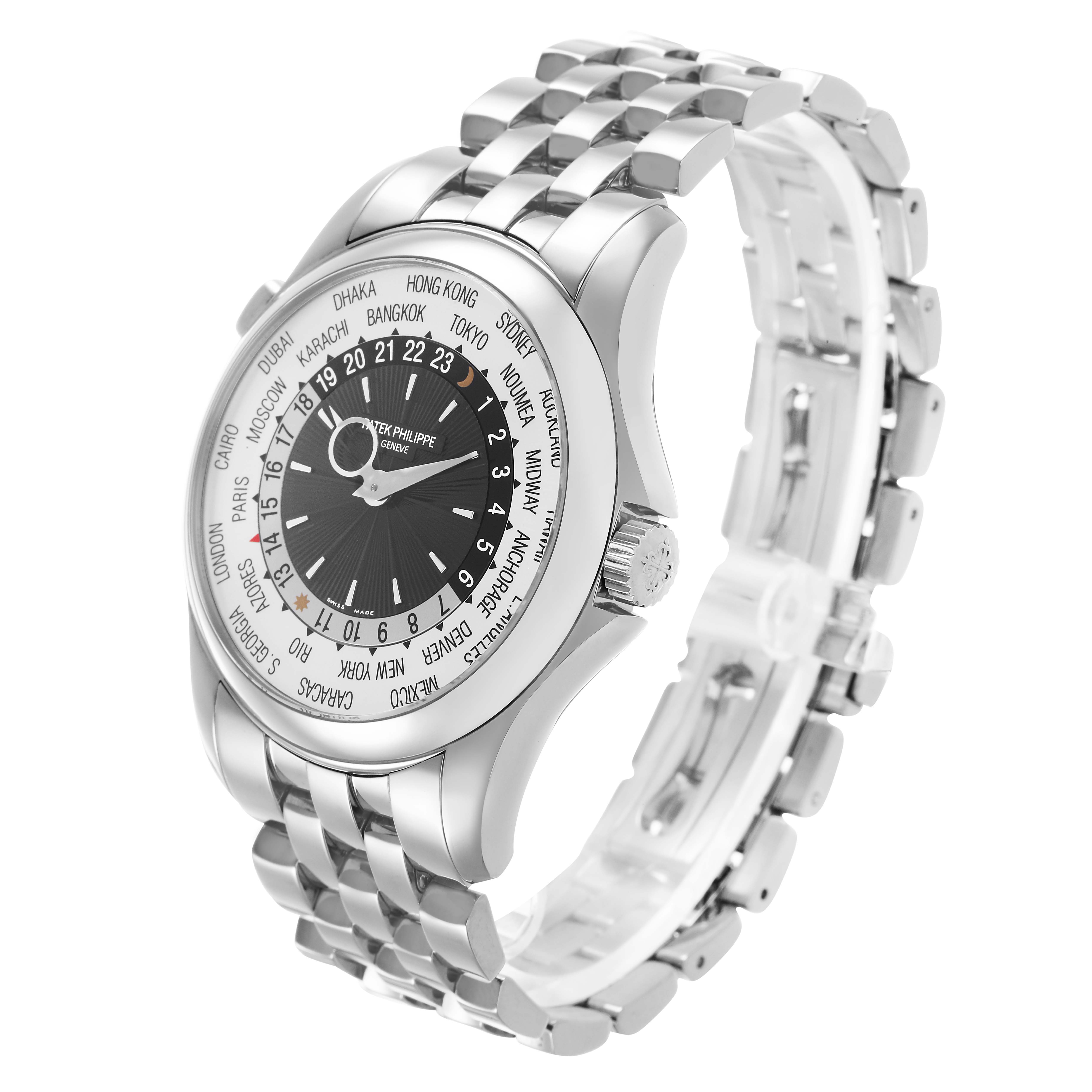 The Patek Philippe Complications 5130G Men's White Gold Silver Dial watch is shown at a three-quarter angle, highlighting the face, bezel, crown, and bracelet.