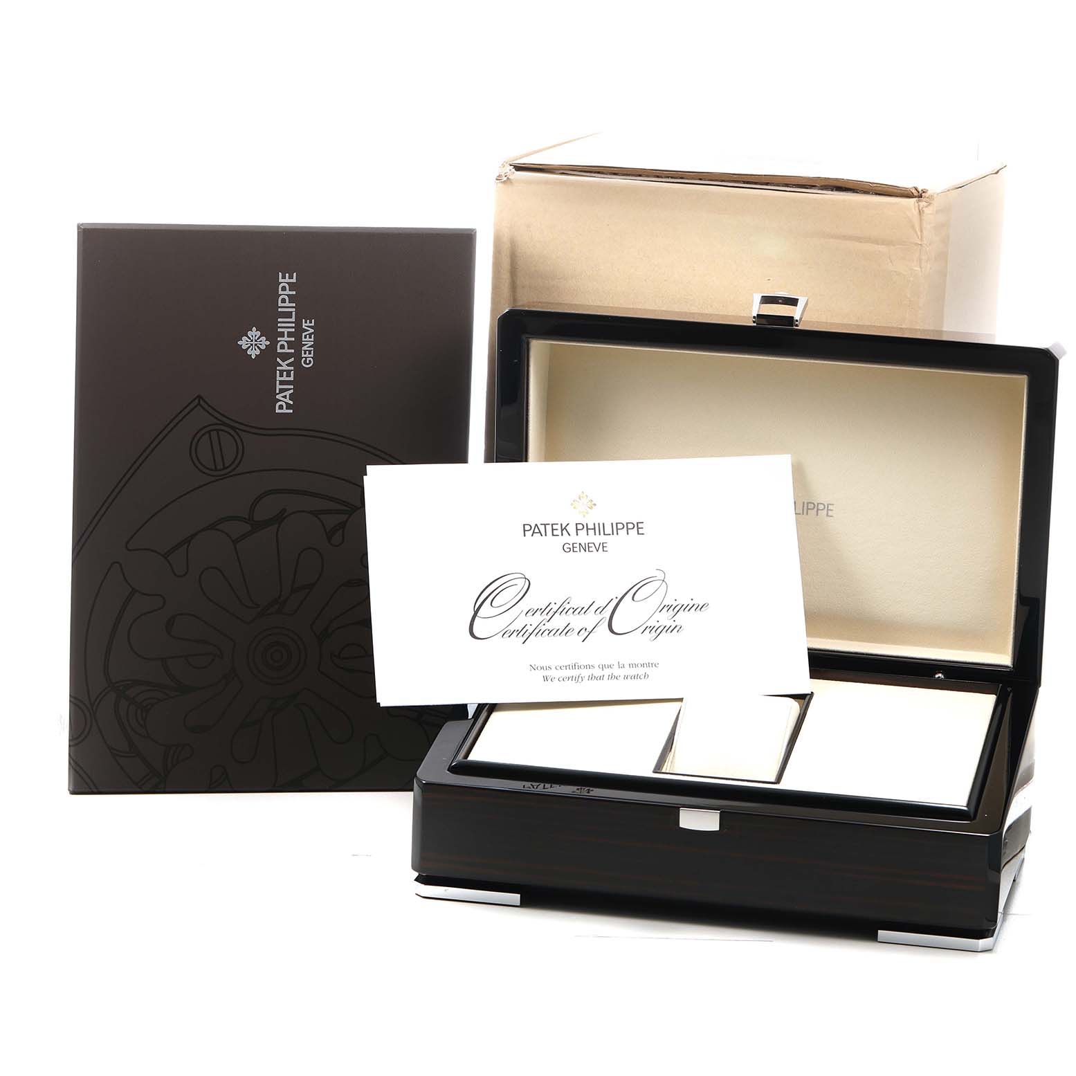 The image shows a Patek Philippe Complications 5130G Men's White Gold Silver Dial box, certificate, and packaging from a front angle.