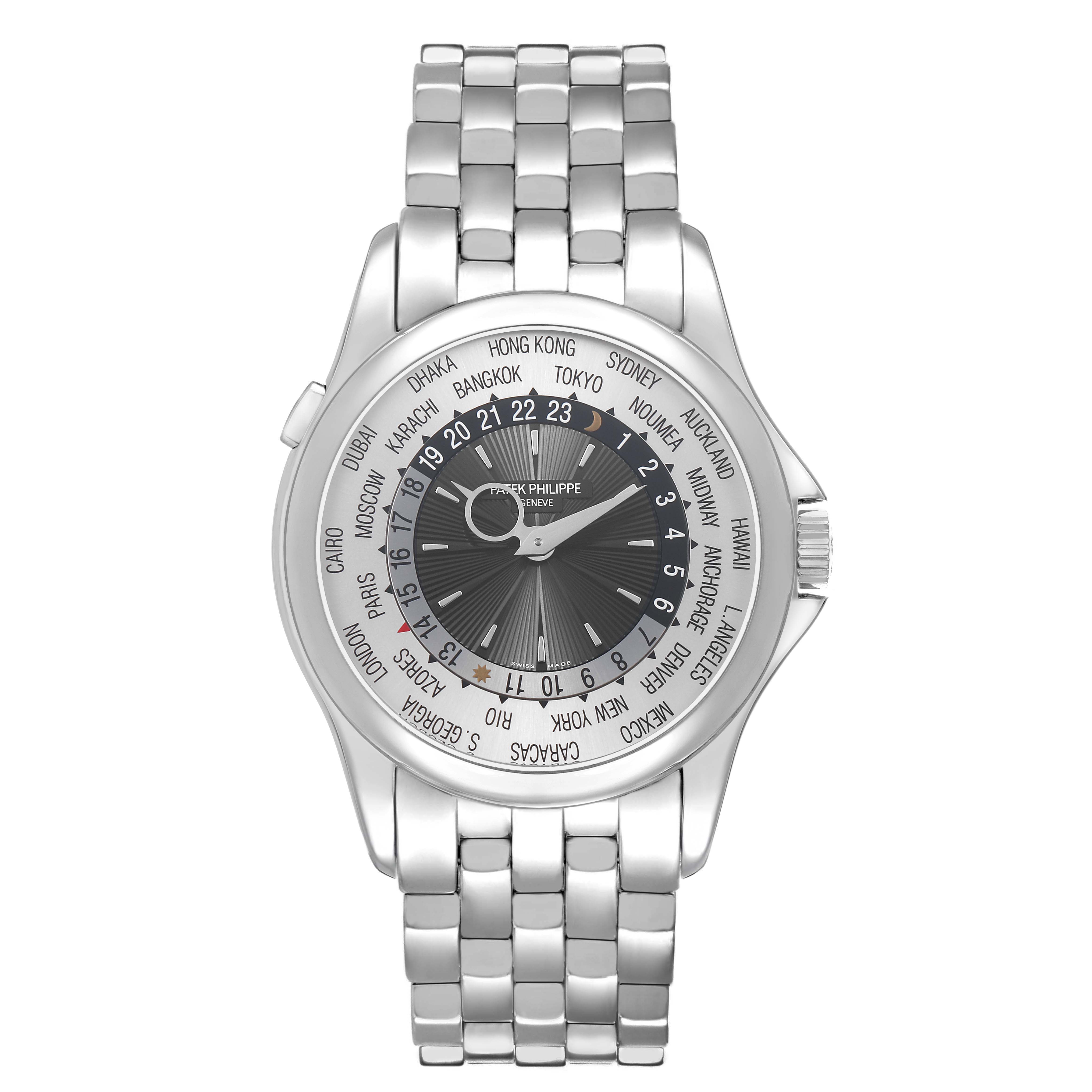 The Patek Philippe Complications 5130G Men's White Gold Silver Dial watch is shown from the front, displaying the face, bezel, and bracelet.